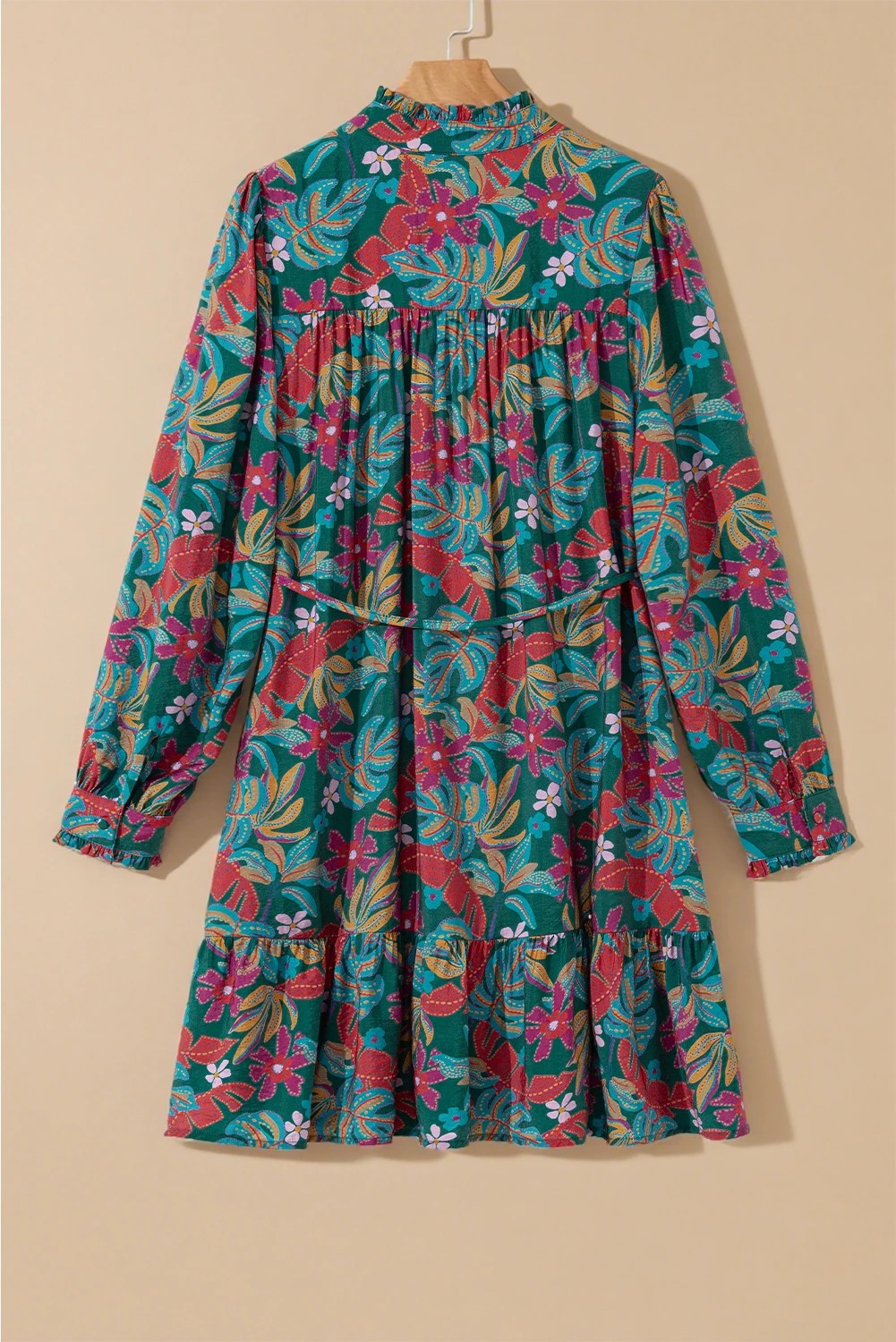Green Floral Friled V Neck Puff Sleeve Ruffled Shirt Dress