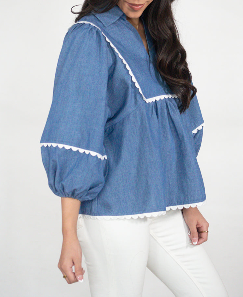 Dusk Blue Lace Ric Rac 3/4 Puff Sleeve Collared Babydoll Blouse