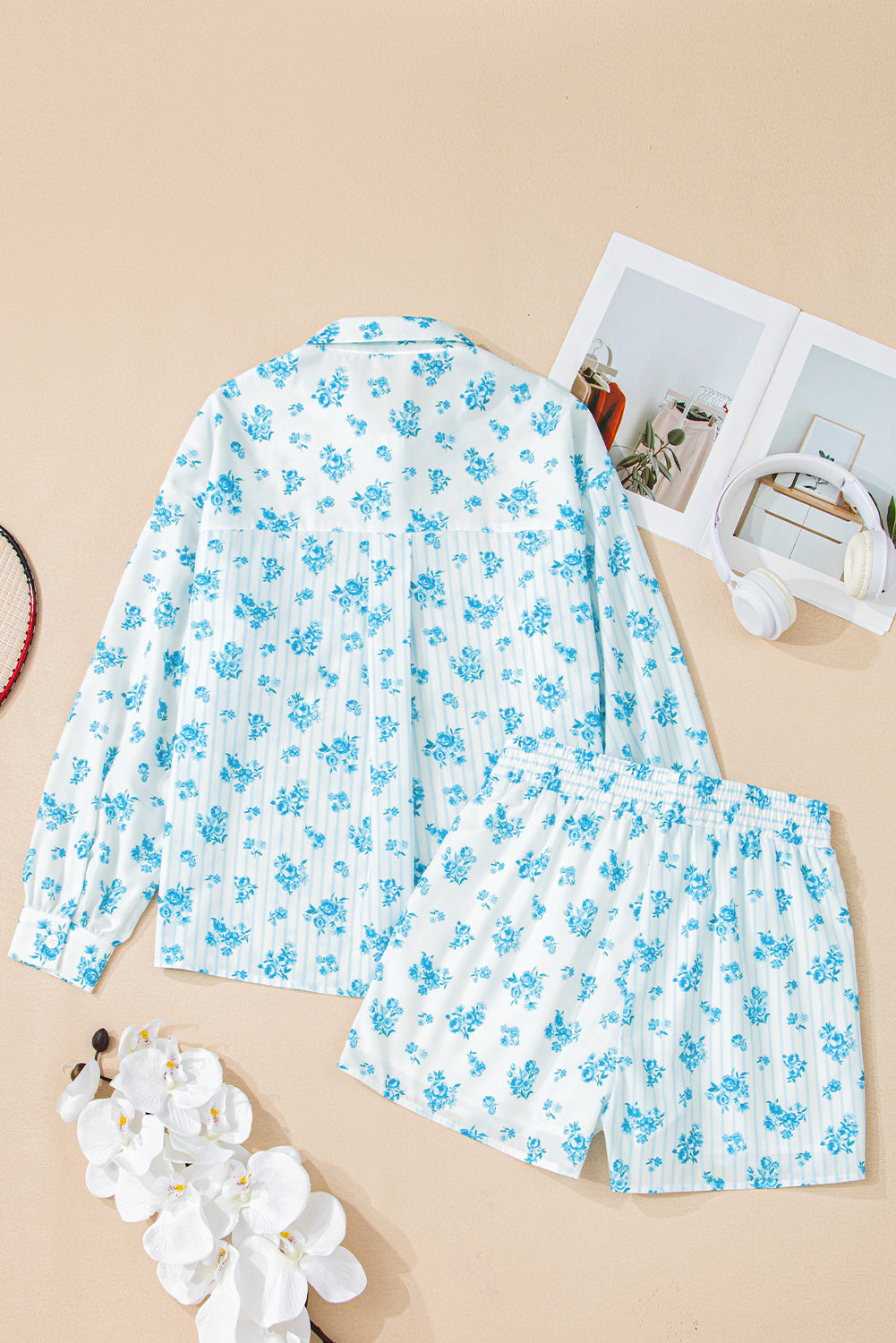 Sky Blue Floral Striped Print Contrast Patched Pocket Shirt and Shorts Set