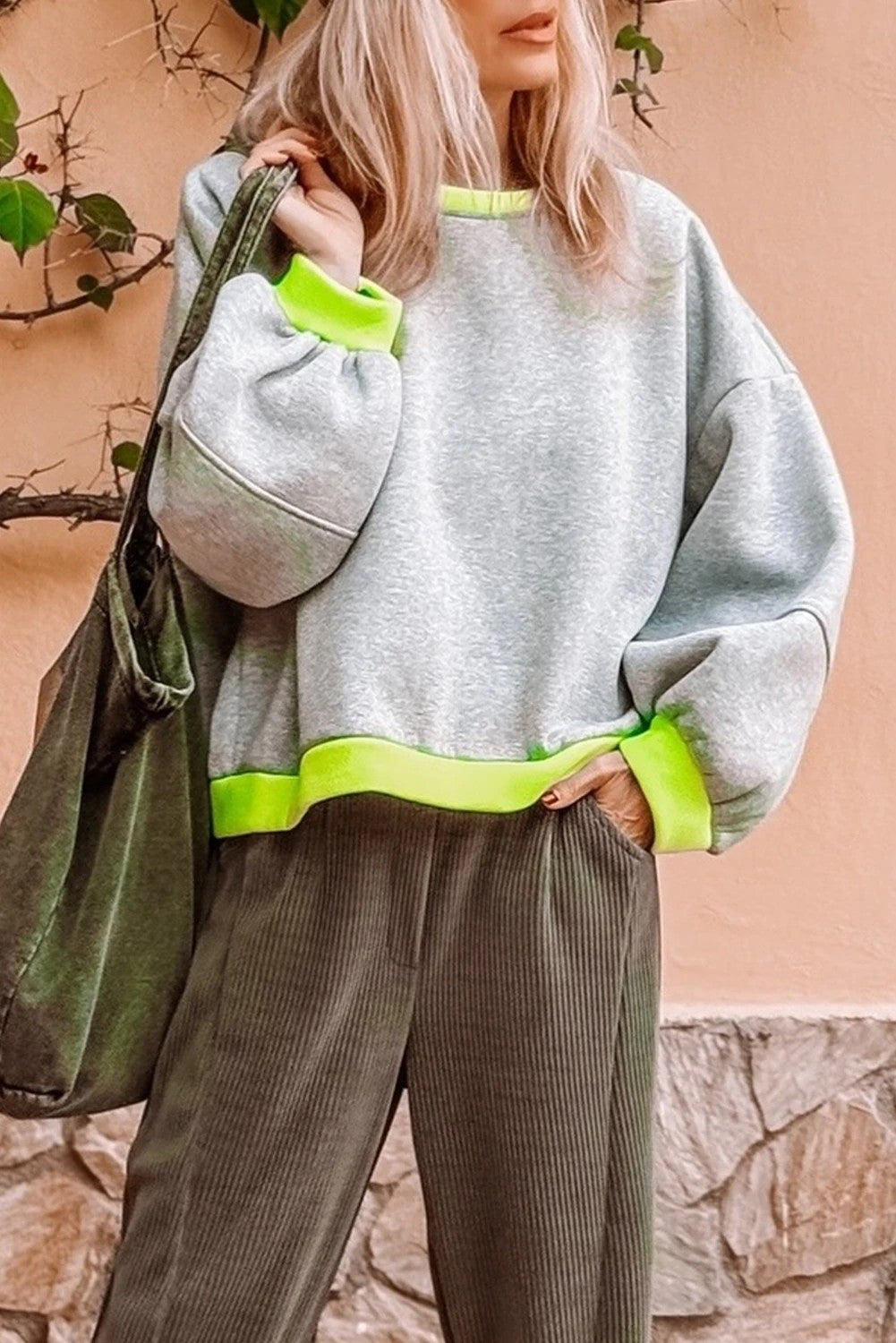 Light Grey Contrast Color Banding Patchwork Puff Sleeve Loose Sweatshirt