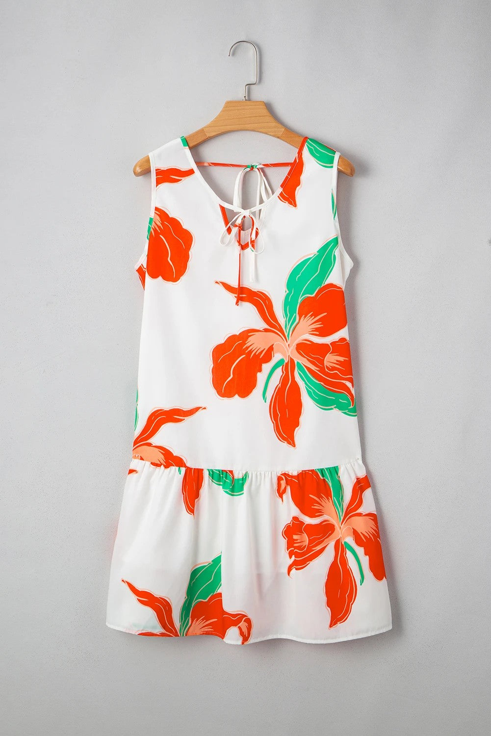 Red Floral Print Tie Front Ruffle Hem Mini Dress