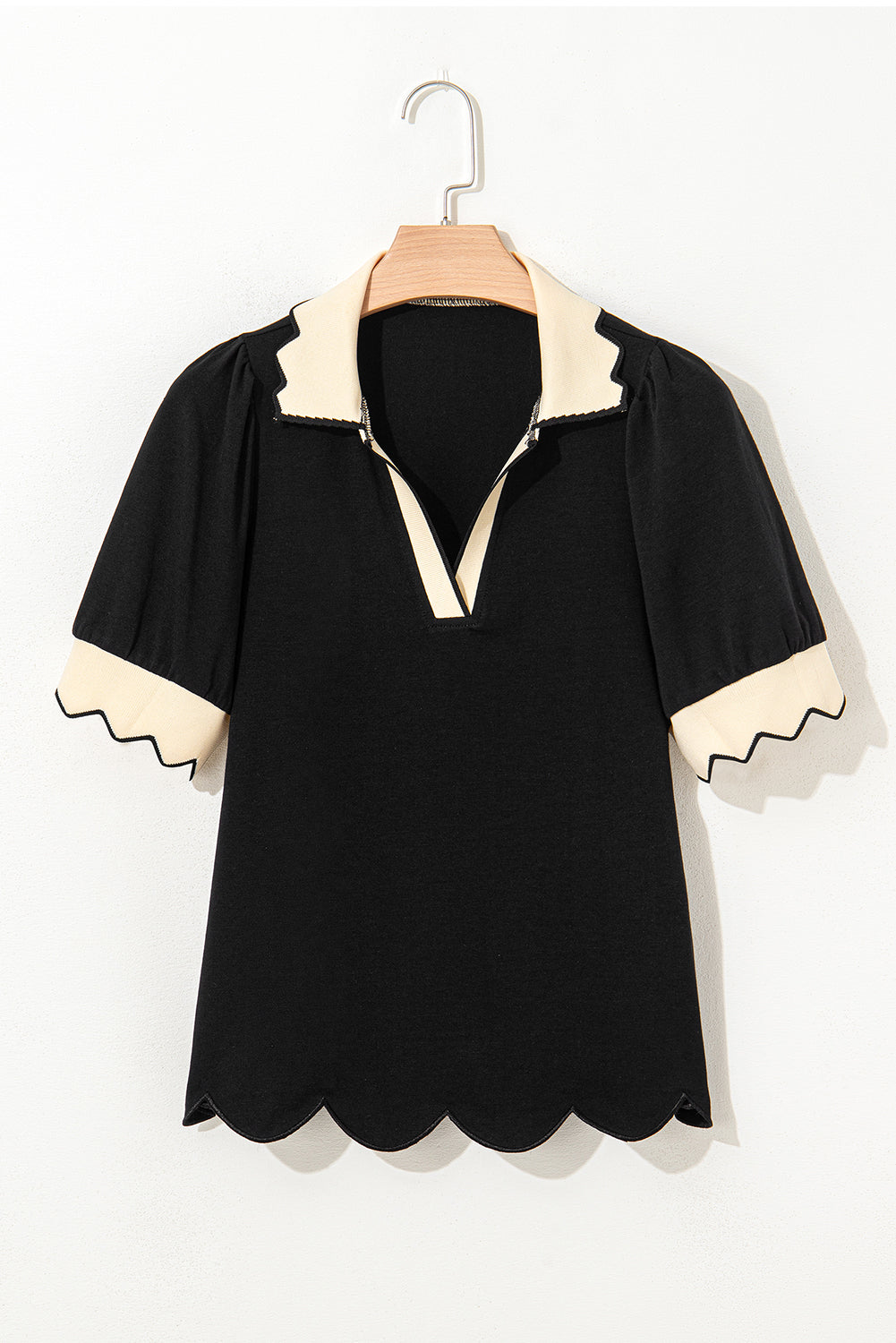 Black Color Contrast Collared V Neck Puff Sleeve Blouse