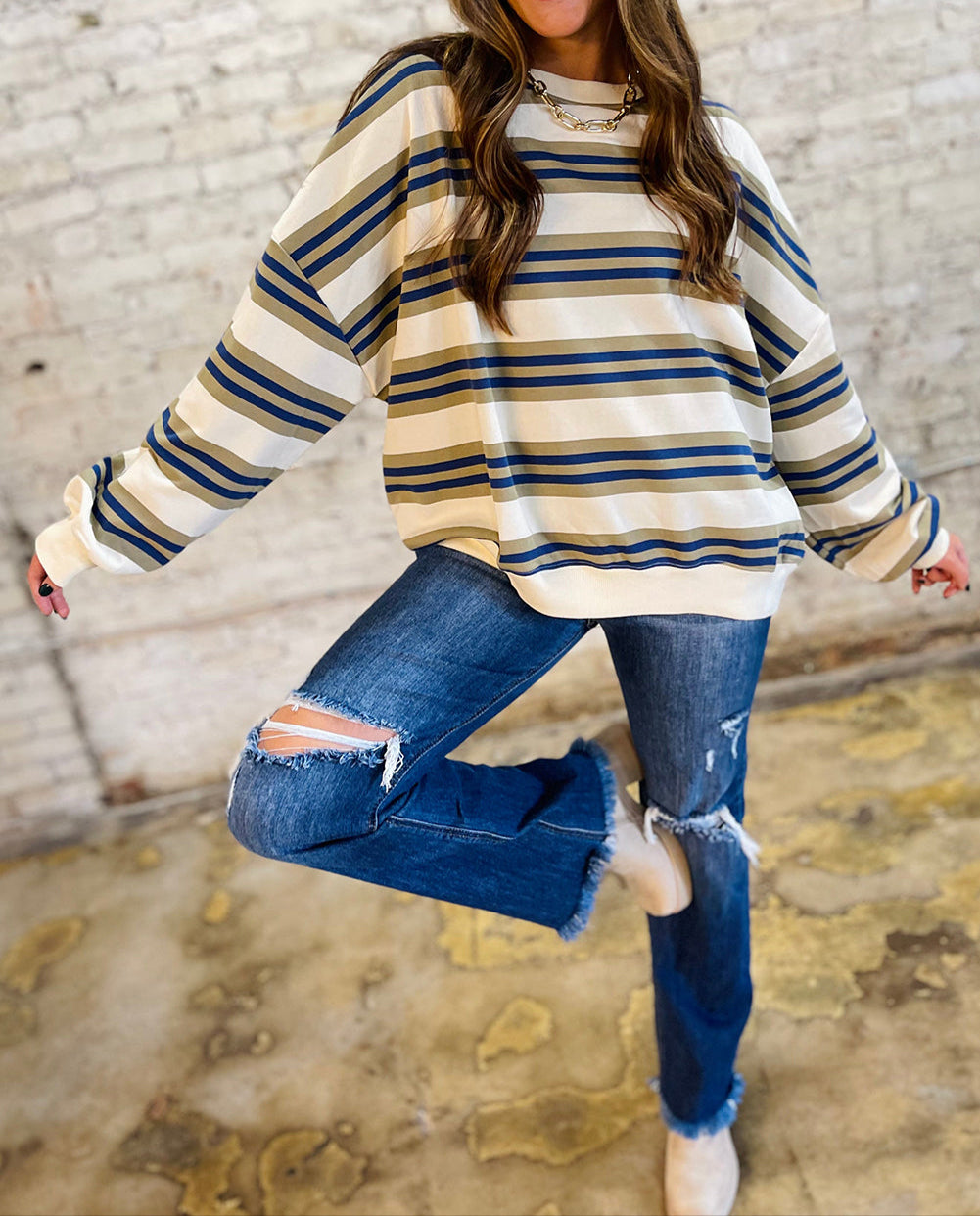Khaki Stripe Crew Neck Drop Shoulder Pullover Sweatshirt
