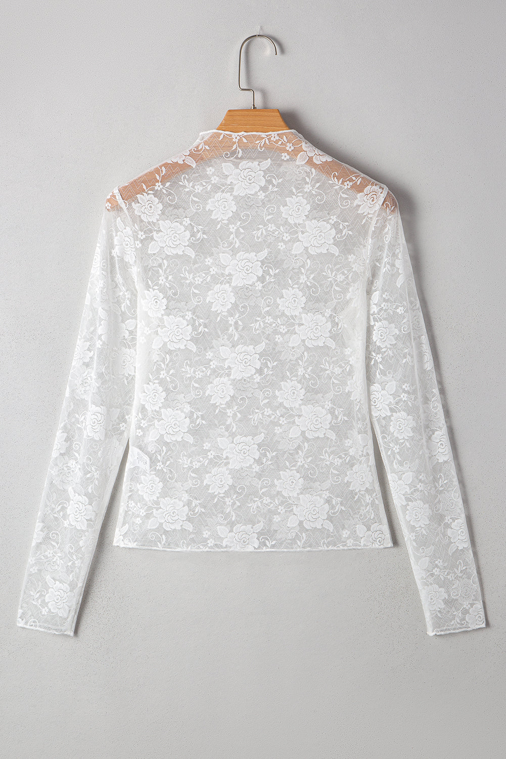 White Sheer Floral Lace Mesh Mock Neck Long Sleeve Top