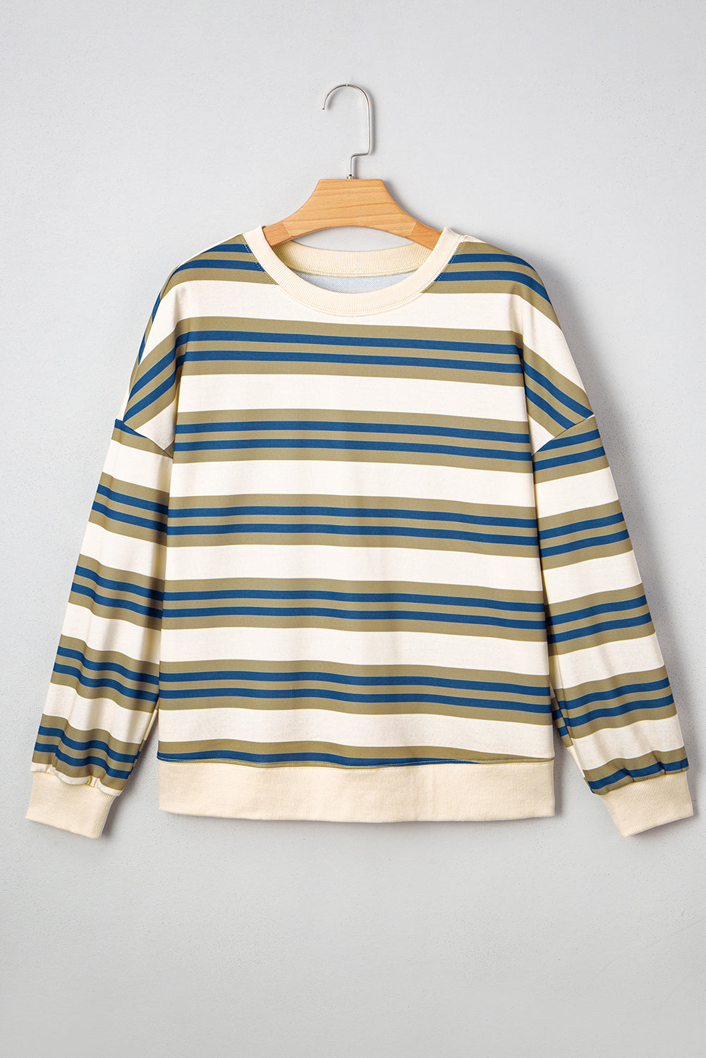 Khaki Stripe Crew Neck Drop Shoulder Pullover Sweatshirt