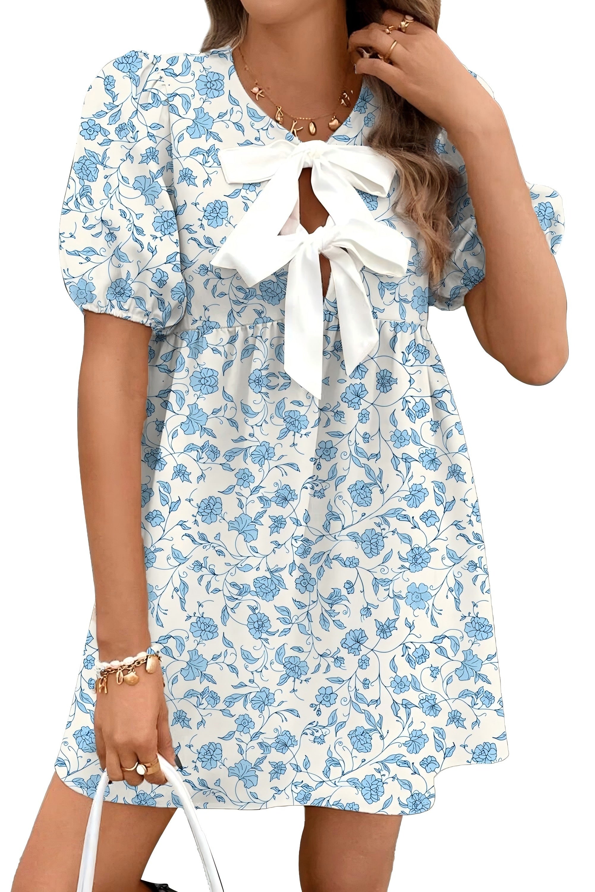 Sky Blue Floral Contrast Bow Puff Sleeve Mini Dress