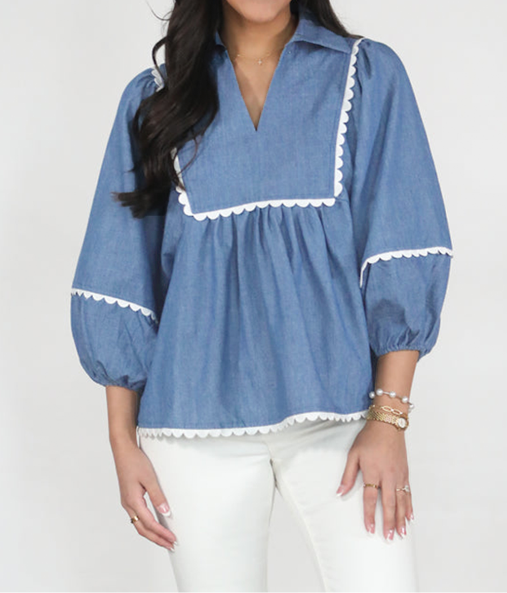 Dusk Blue Lace Ric Rac 3/4 Puff Sleeve Collared Babydoll Blouse