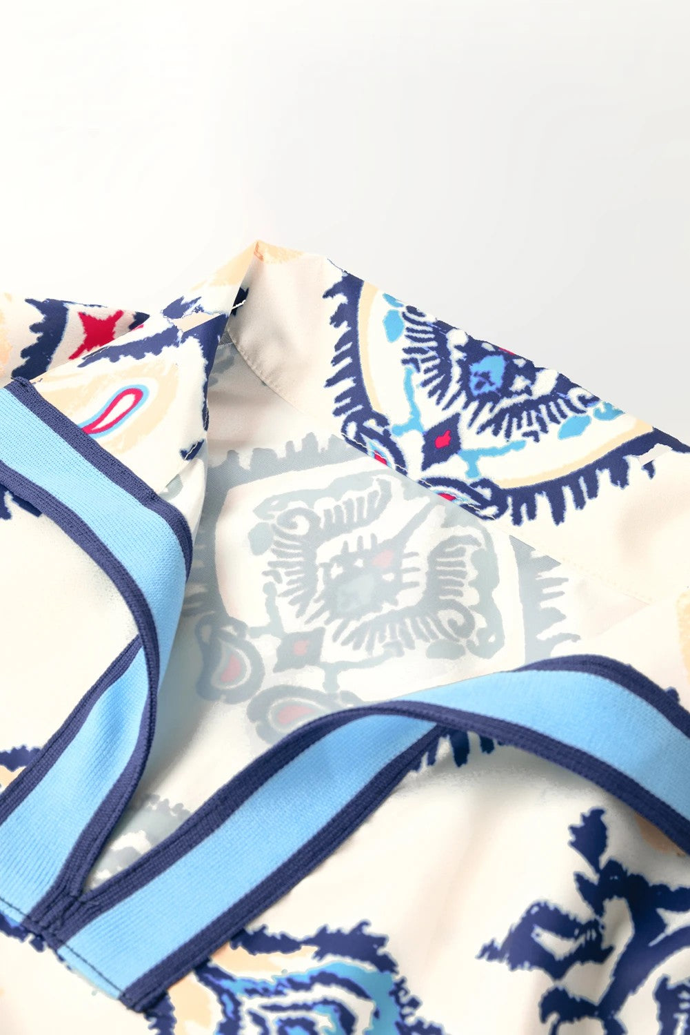 Blue Ethnic Print Pop of Color Neckline Long Sleeve Dress