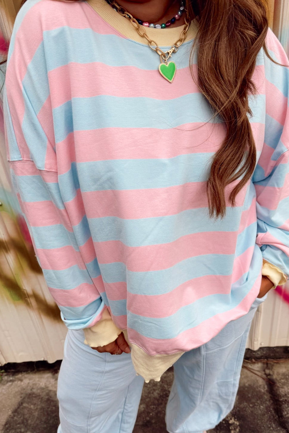 Sky Blue Stripe Drop Shoulder Crewneck Plus Size Sweatshirt