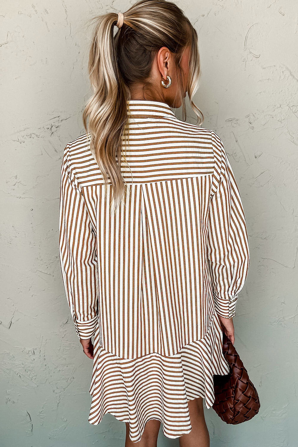 Brown Stripe Ruffled Hem Collared Long Sleeve Shirt Mini Dress