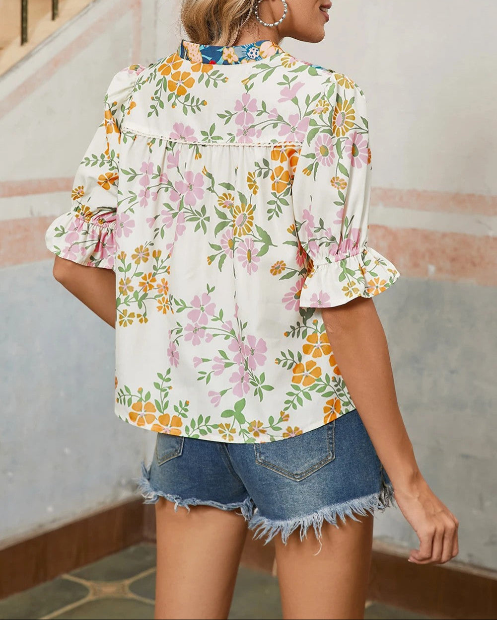 Multicolour Crochet V Neck Half Sleeve Boho Floral Blouse