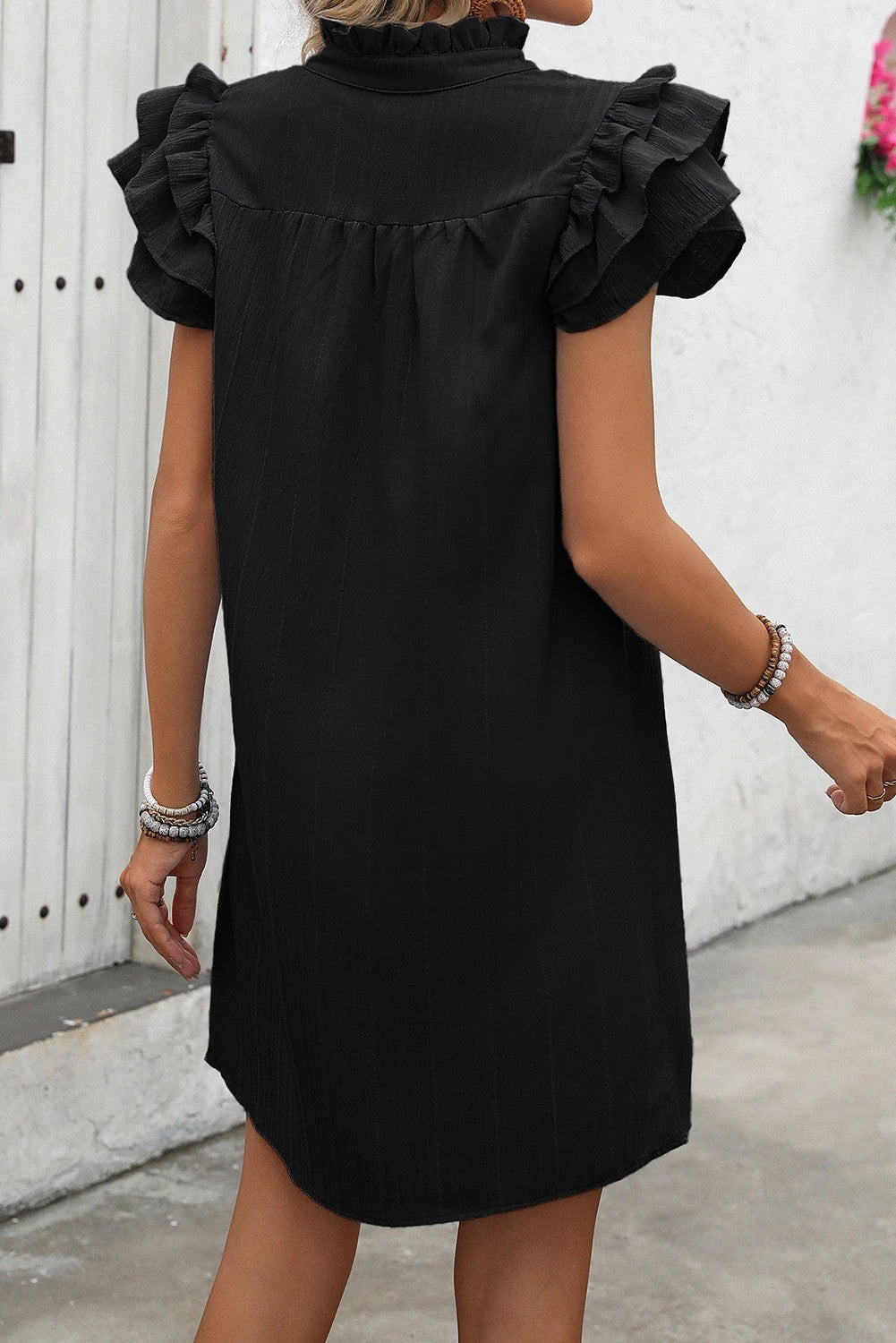 Black V Neck Ruffle Sleeve Shift Mini Dress