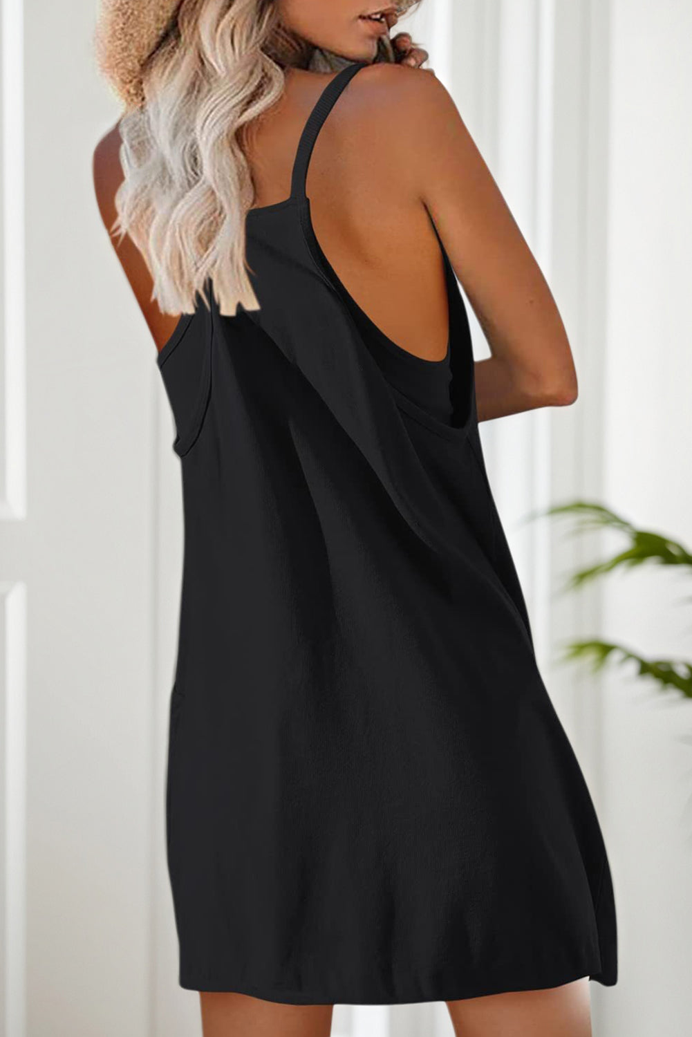 Color black Plain Racerback Pocketed Sleeveless Romper