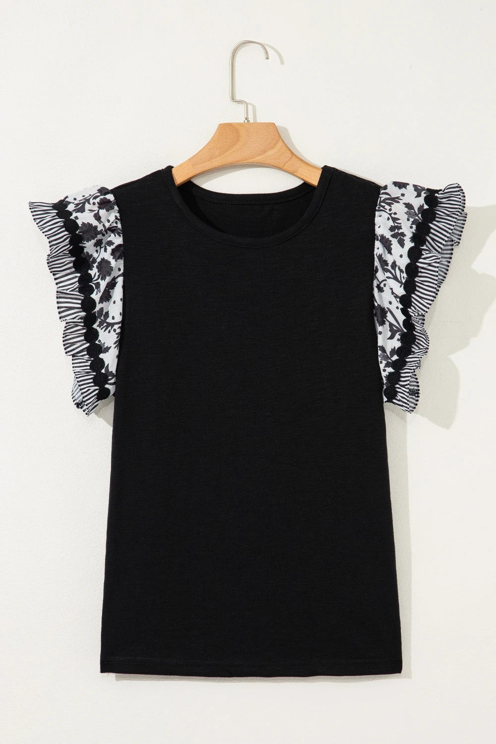 Black Floral Striped Patchwork Flutter Sleeve Blouse