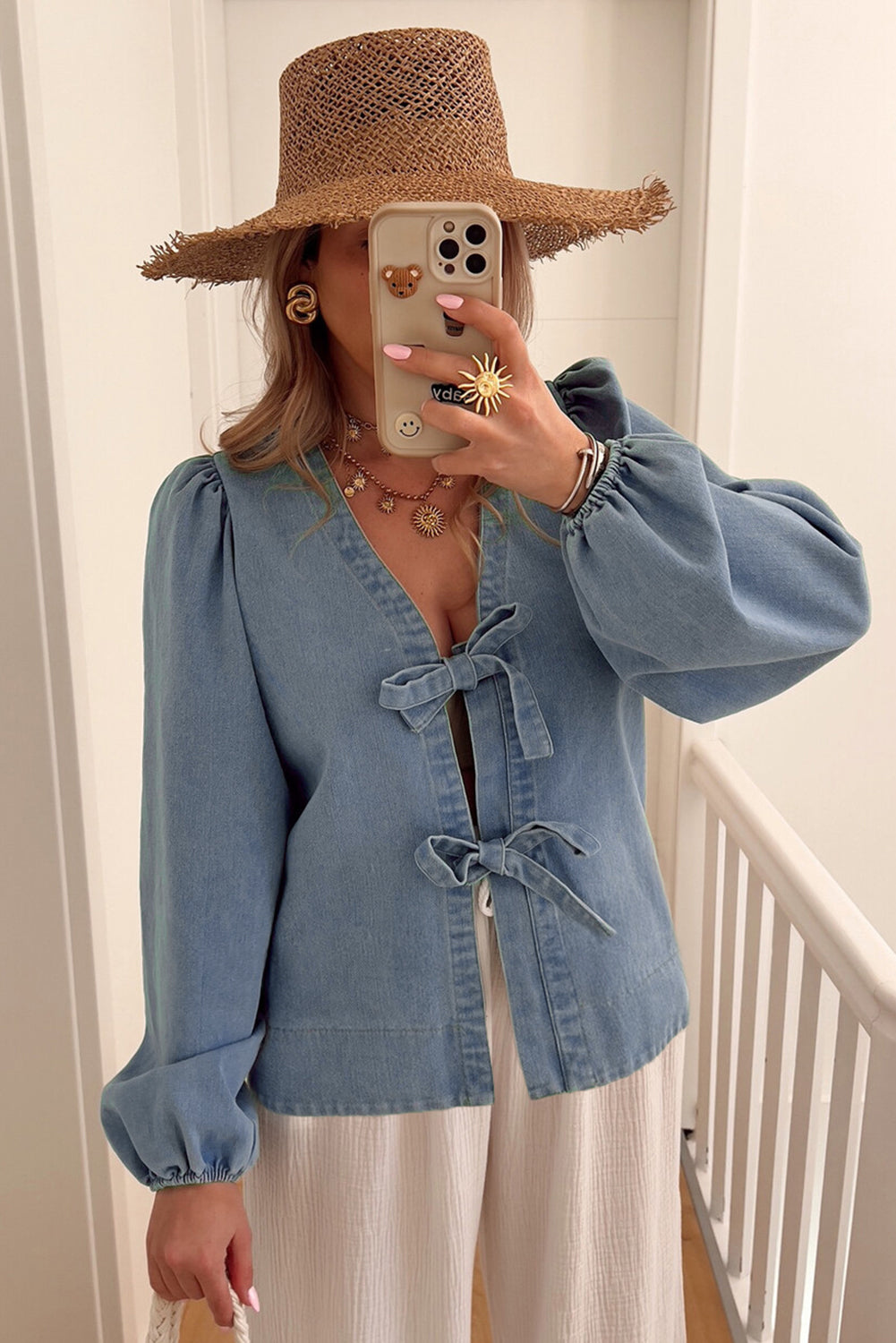 Dusk Blue Tied Front Long Puff Sleeve Denim Top