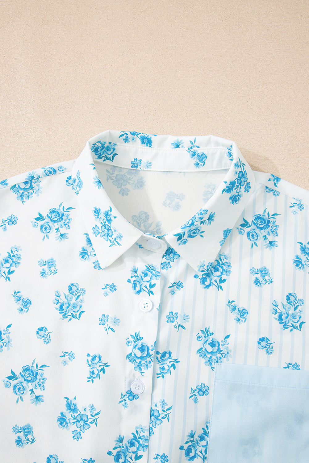 Sky Blue Floral Striped Print Contrast Patched Pocket Shirt and Shorts Set