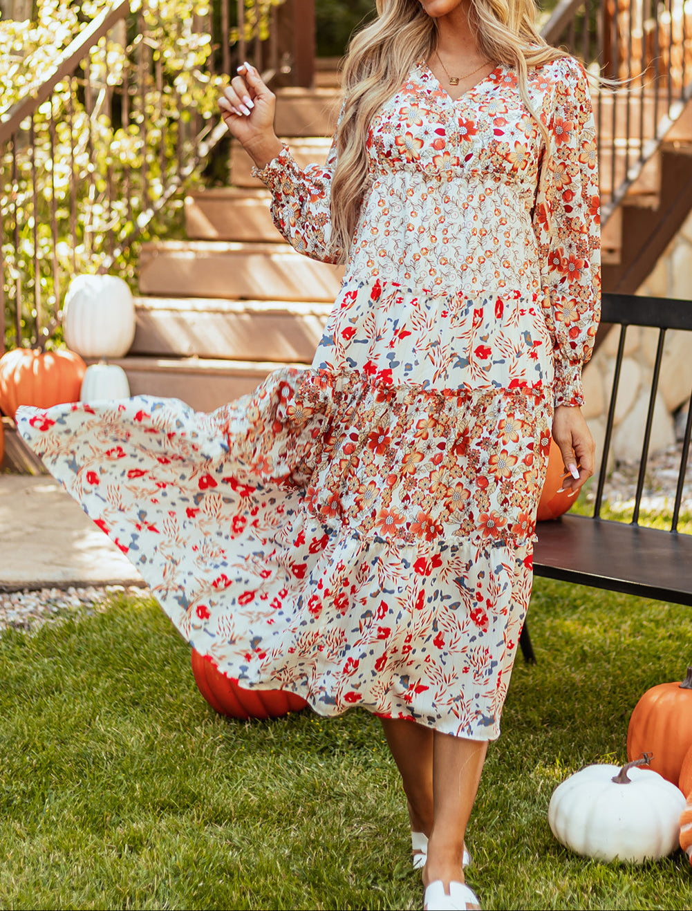 Khaki Floral Print Ruffled Tiered Long Sleeve V Neck Midi Dress