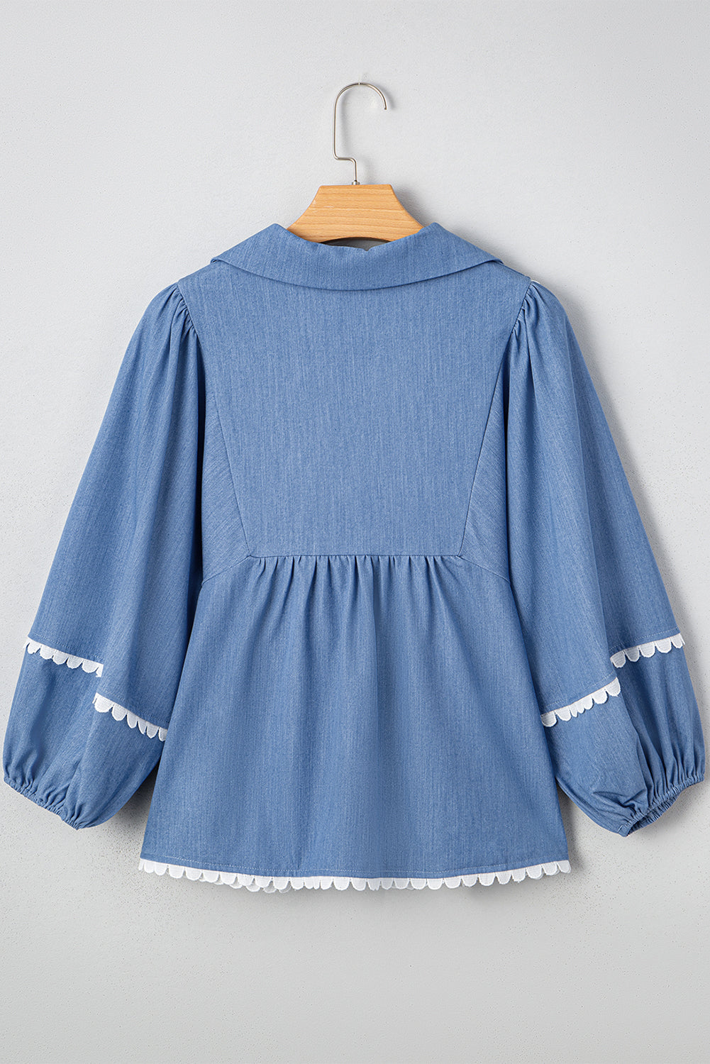 Dusk Blue Lace Ric Rac 3/4 Puff Sleeve Collared Babydoll Blouse