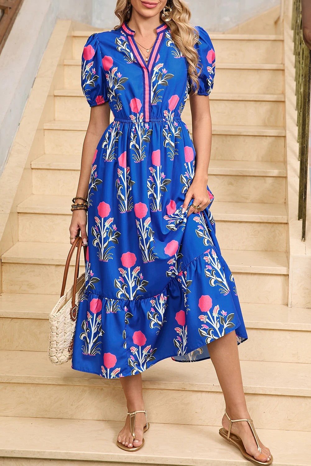 Sky Blue Floral Puff Short Sleeve V Neck High Waist Maxi Dress