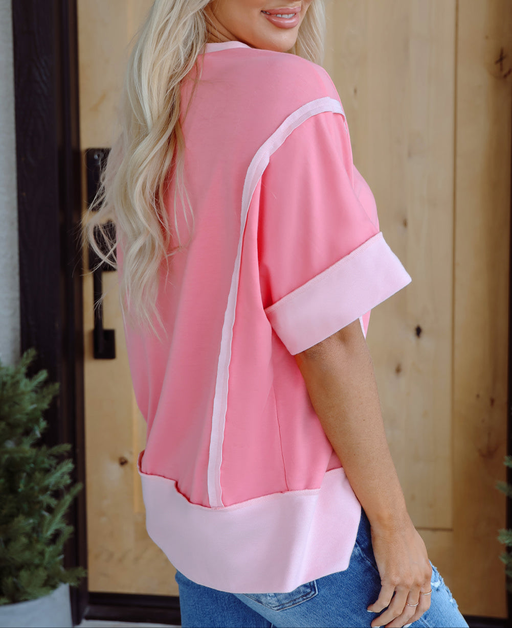 Peach Blossom Half Sleeve Raw Seam High Low Side Split Top