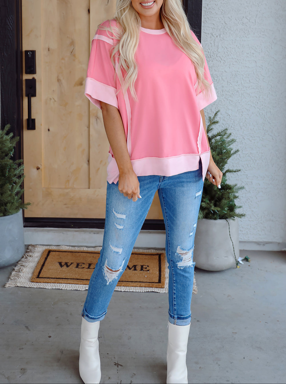 Peach Blossom Half Sleeve Raw Seam High Low Side Split Top