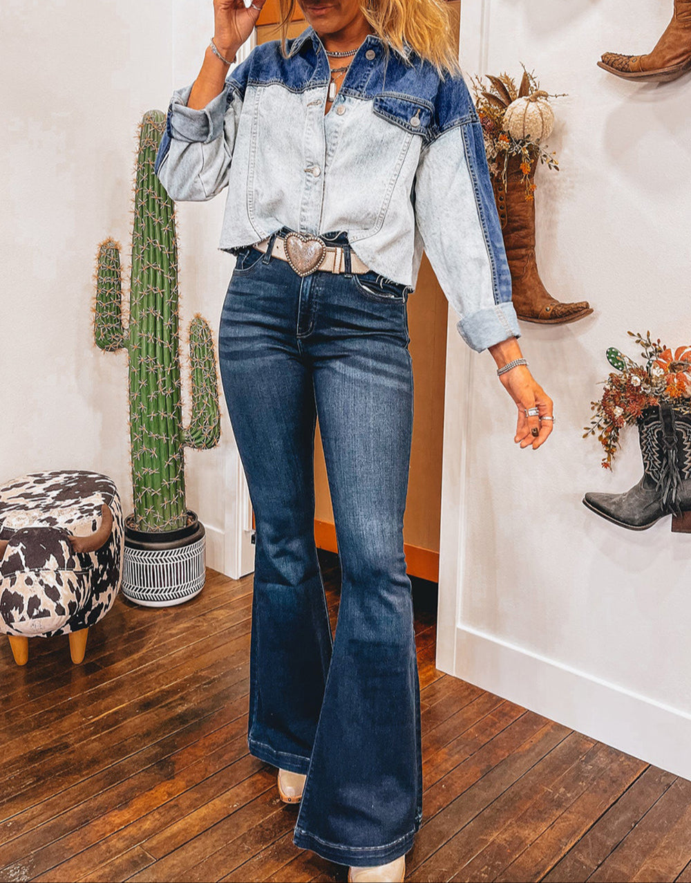 Dusk Blue Color Block Patchwork Flap Detail Distress Denim Jacket