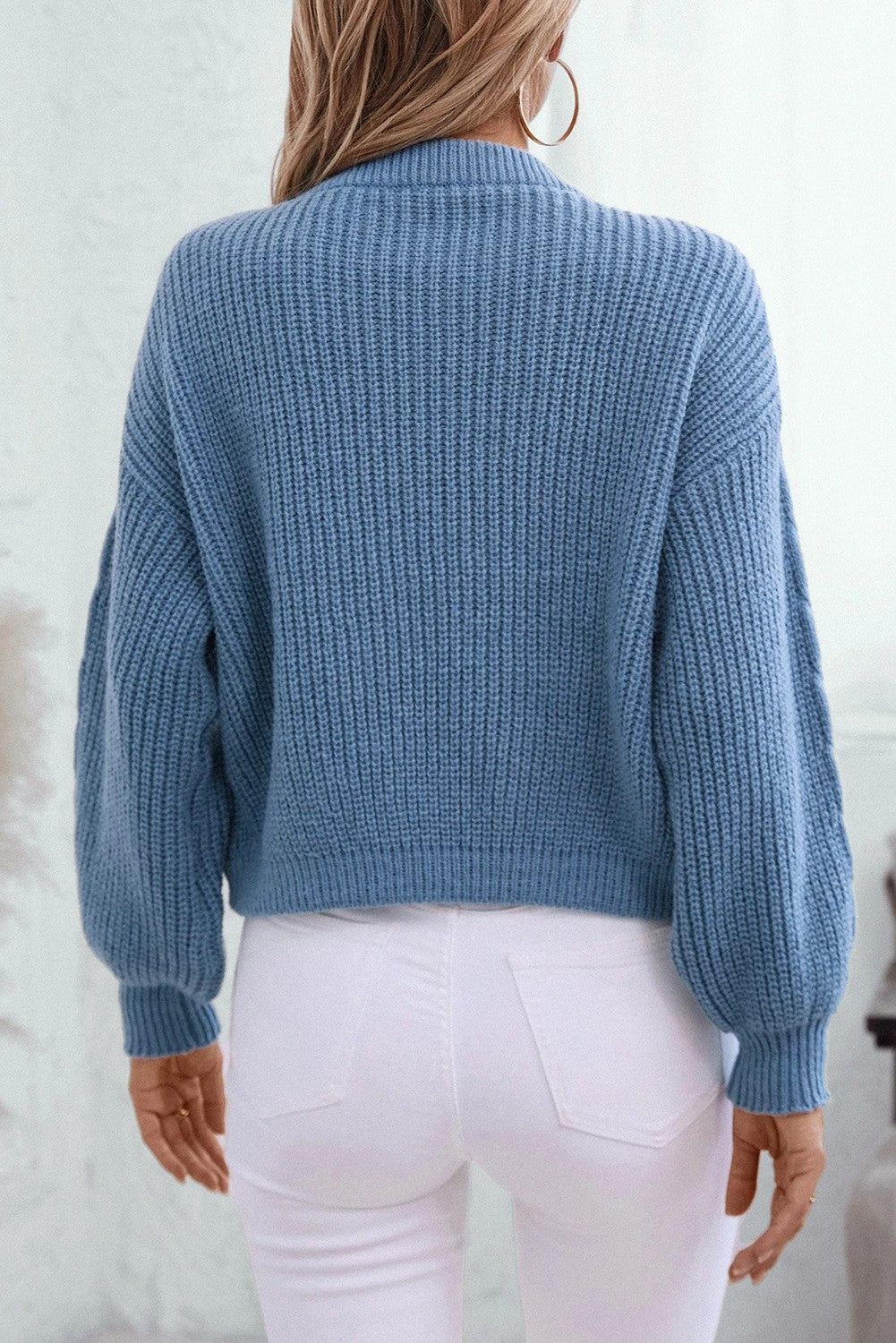 Dusk Blue Solid Color Lace Up V Neck Knit Cardigan