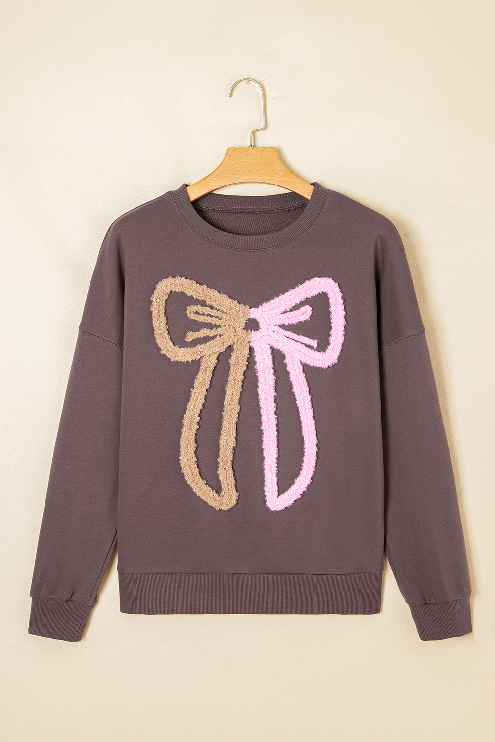 Dark Khaki Contrast Terry Bow Pattern Drop Shoulder Sweatshirt