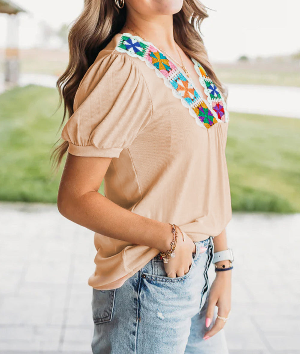 Pale Chestnut Crochet Floral V Neck Textured Short Sleeve Blouse