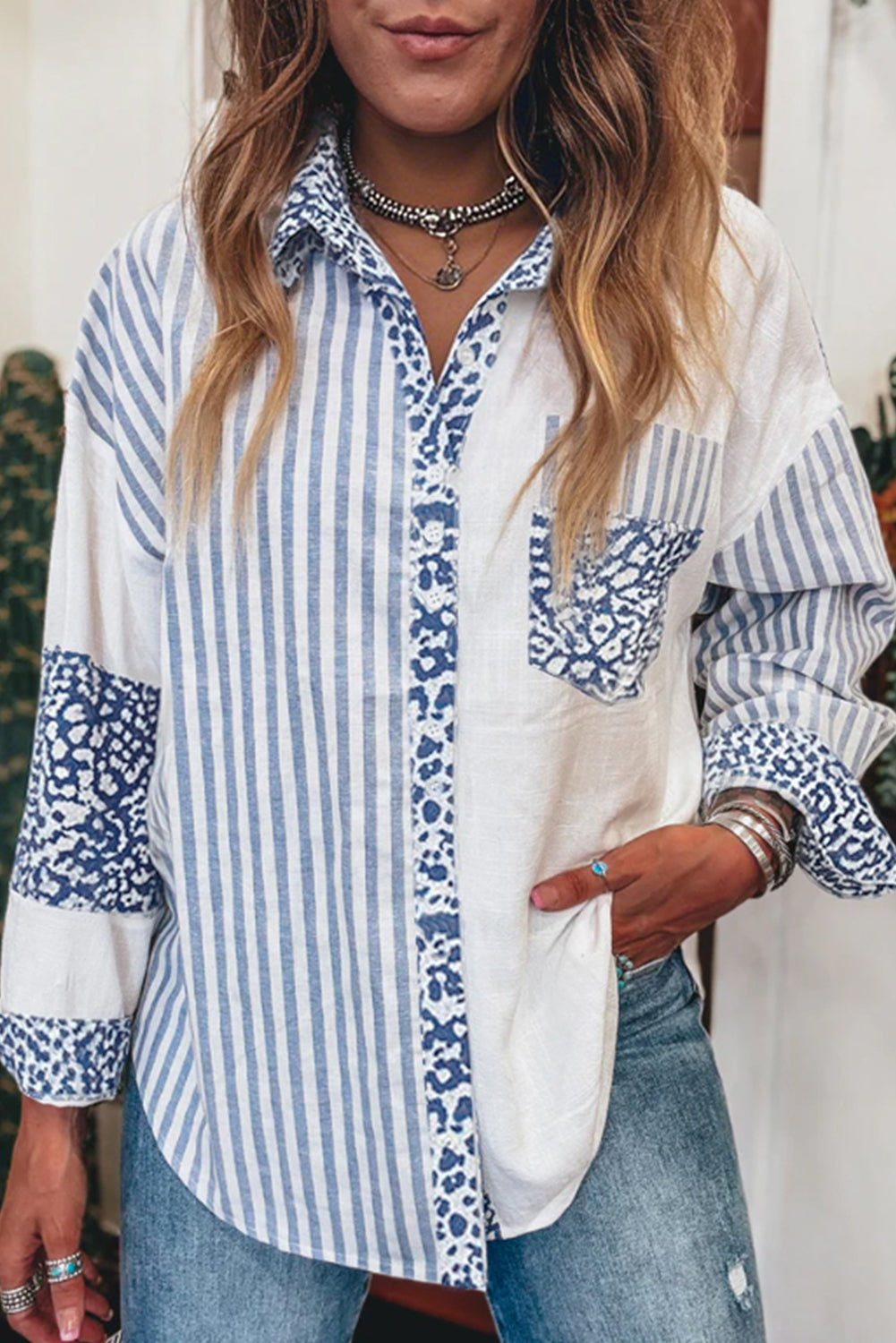 Sky Blue Leopard Striped Western Casual Shirt