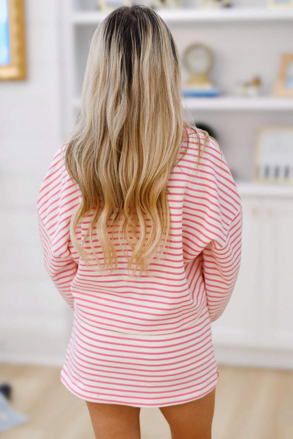 Pink Stripe Collared V Neck Drop Shoulder Pullover and Skirt Set