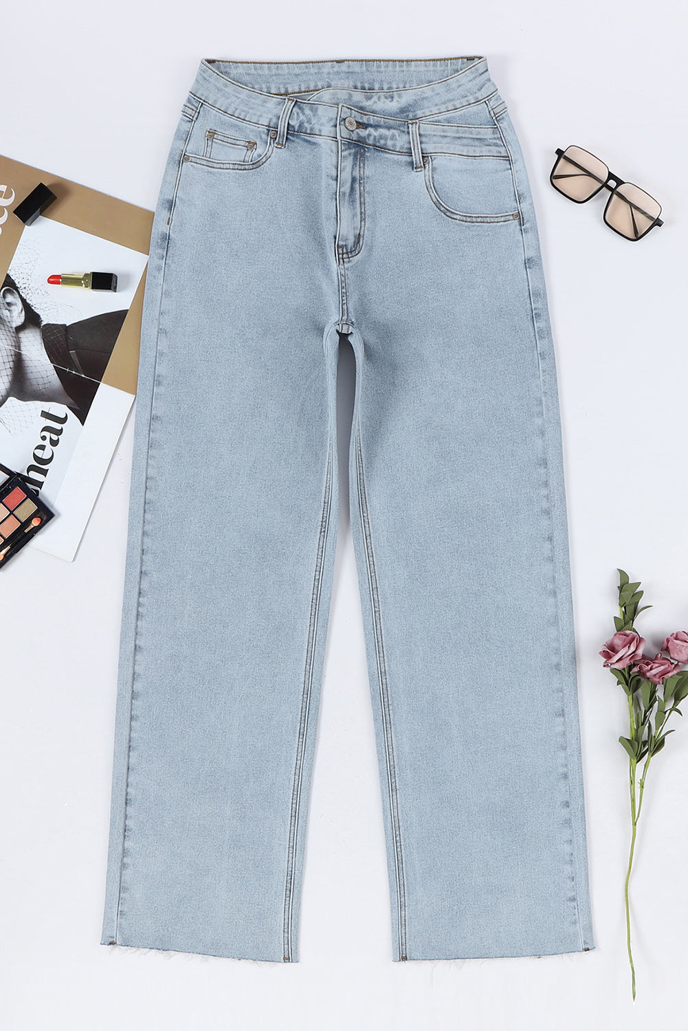 Sky Blue Mid Rise Asymmetrical Waist Wide Leg Jeans