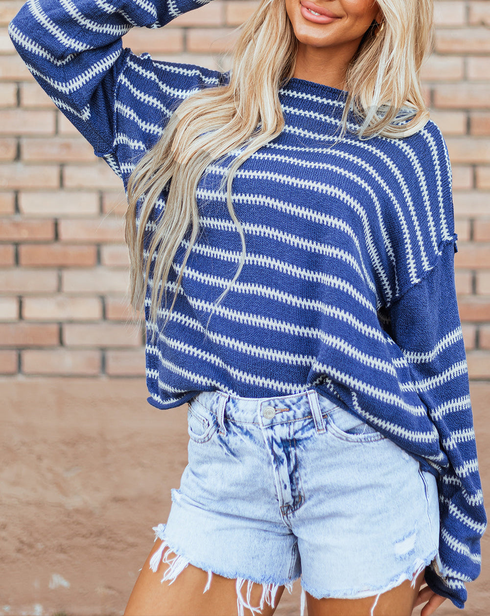 Sky Blue Stripe Drop Shoulder Casual Sweater