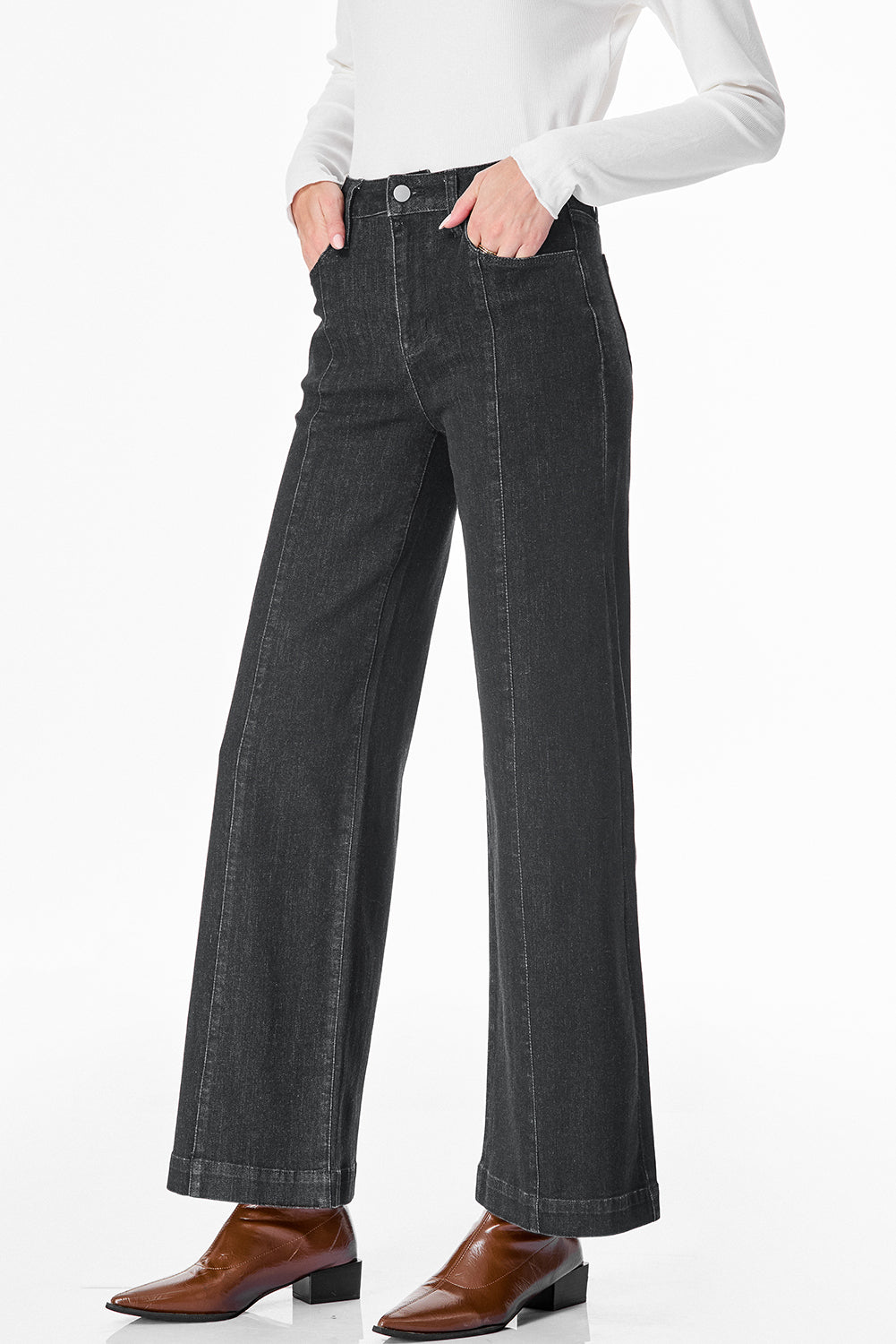 Black Plain Seam Detail Flared Bottom Ankle Length Jeans