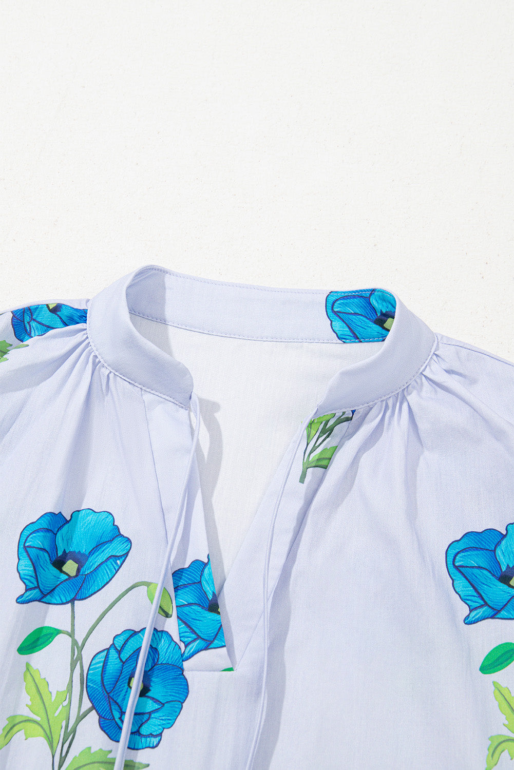 Sky Blue Floral Print Tie Split Neck Short Puff Sleeve Blouse