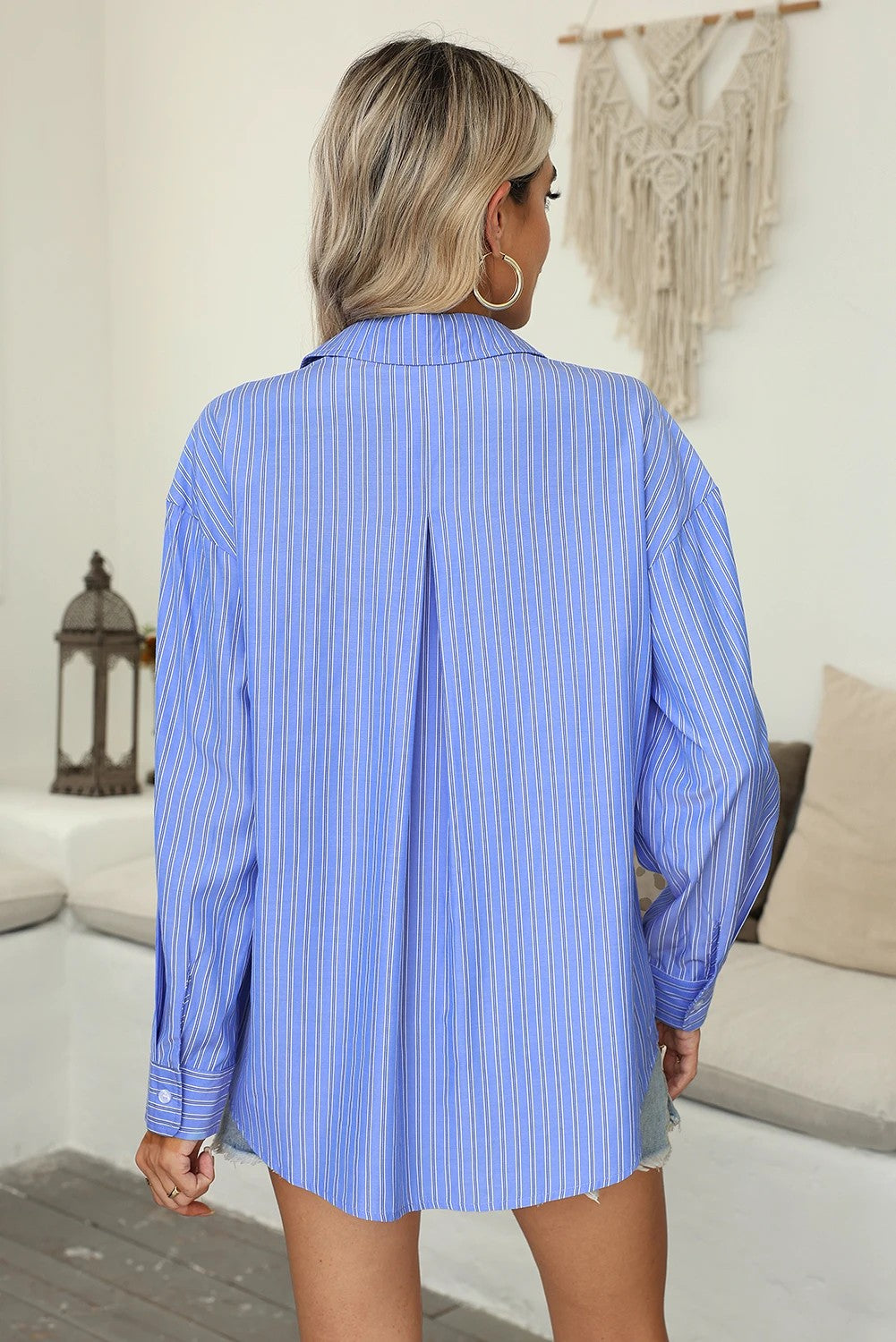 Blue Stripe Button Up Oversized Casual Shirt