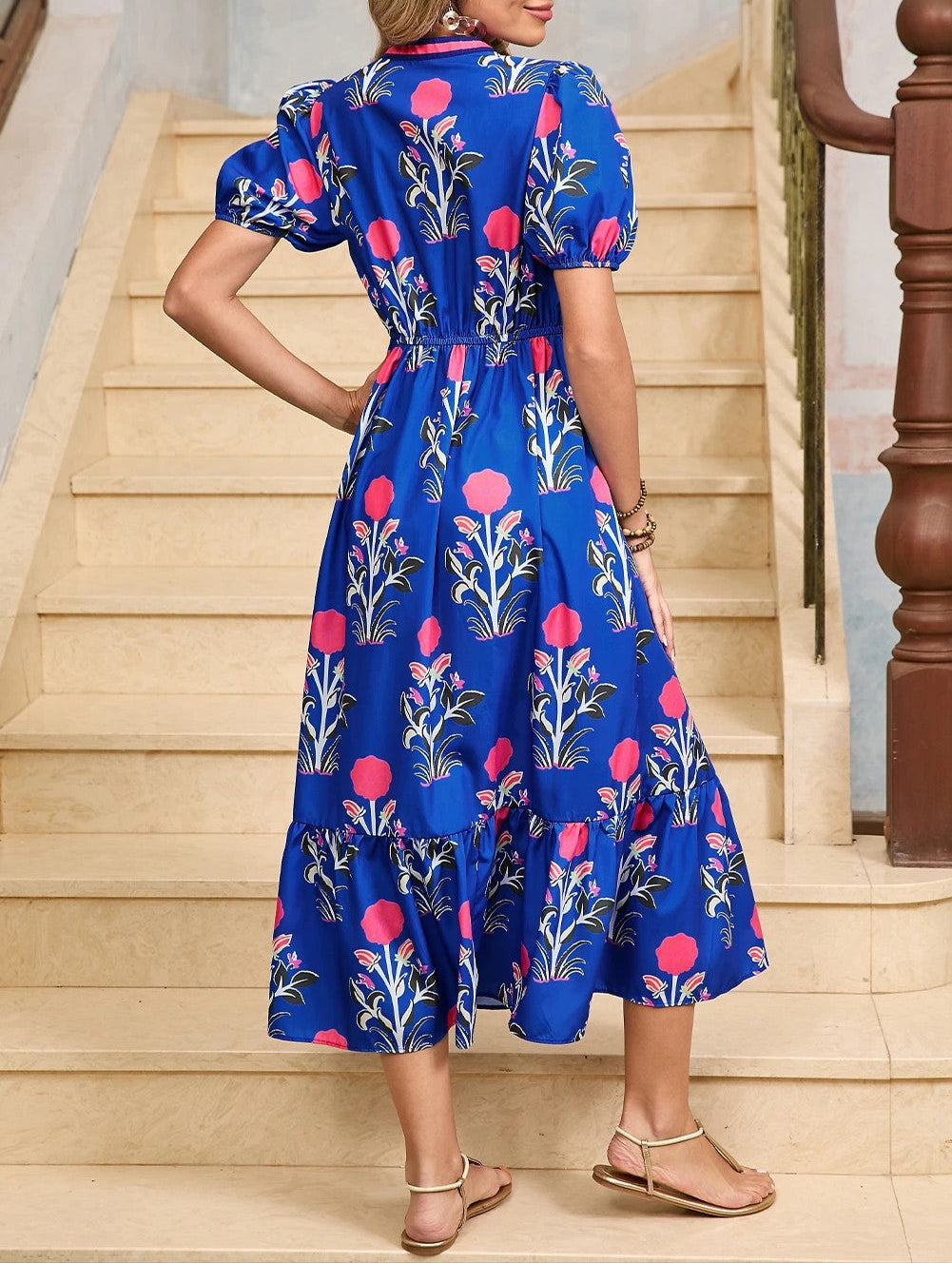 Sky Blue Floral Puff Short Sleeve V Neck High Waist Maxi Dress