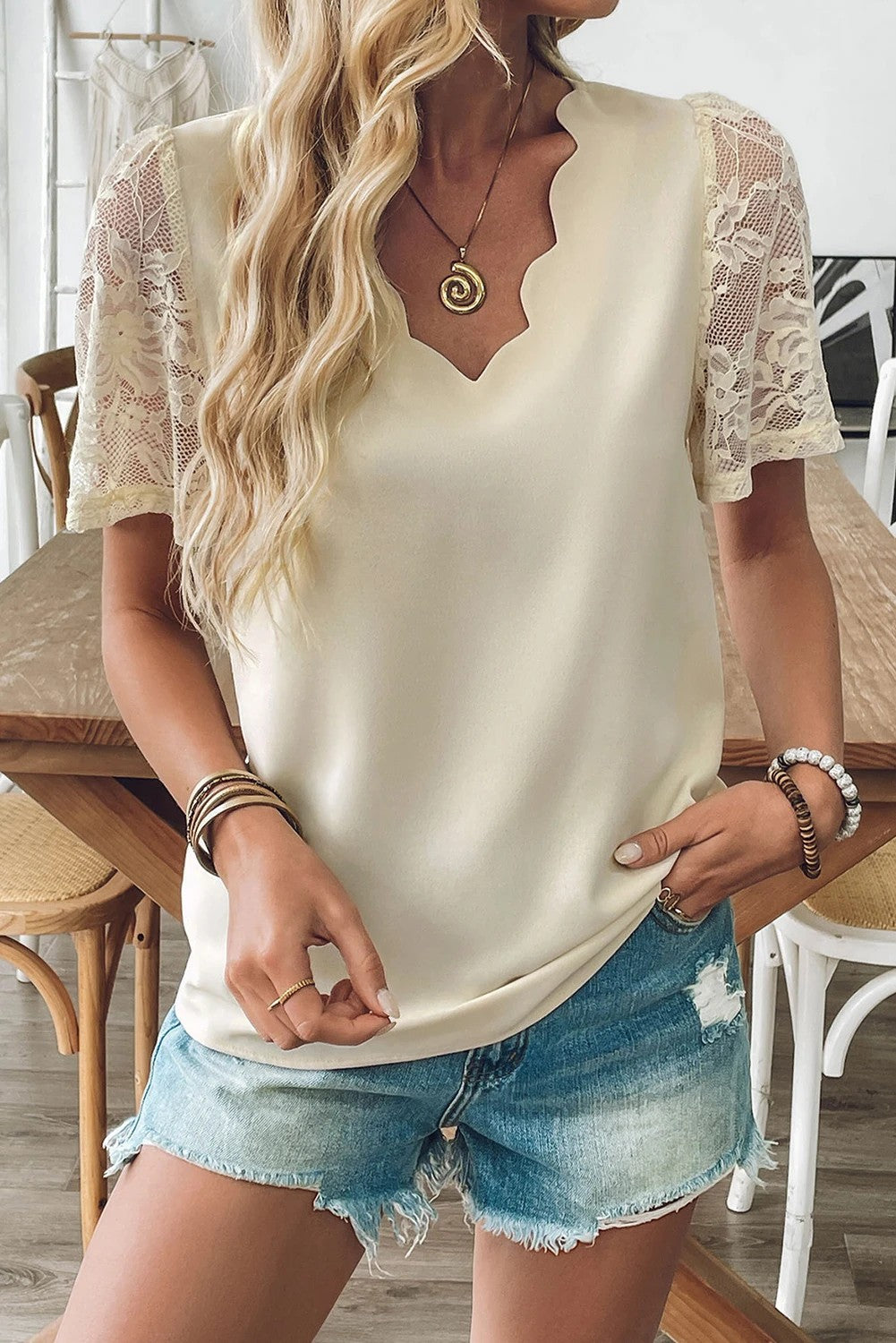 Beige Scalloped Edge Lace Patchwork Sleeve Blouse