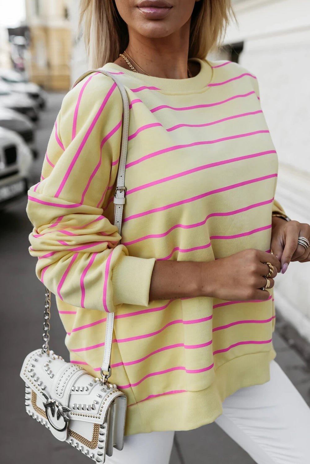 Yellow Stripe Stylish Overlap Detail Drop Shoulder Pullover Sweatshirt