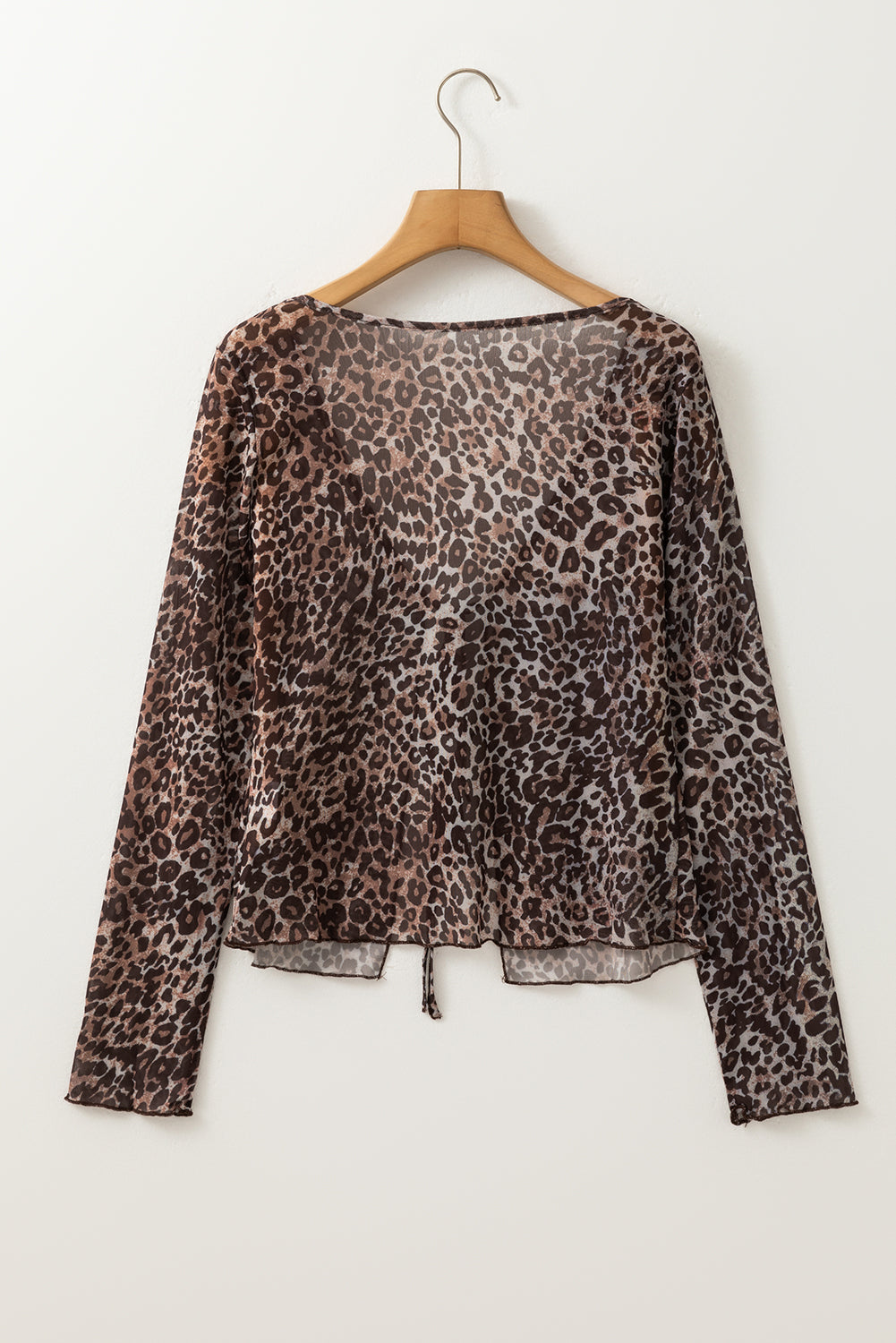 Multicolour Leopard Sheer Mesh Long Sleeve V Neck Lace-up Blouse