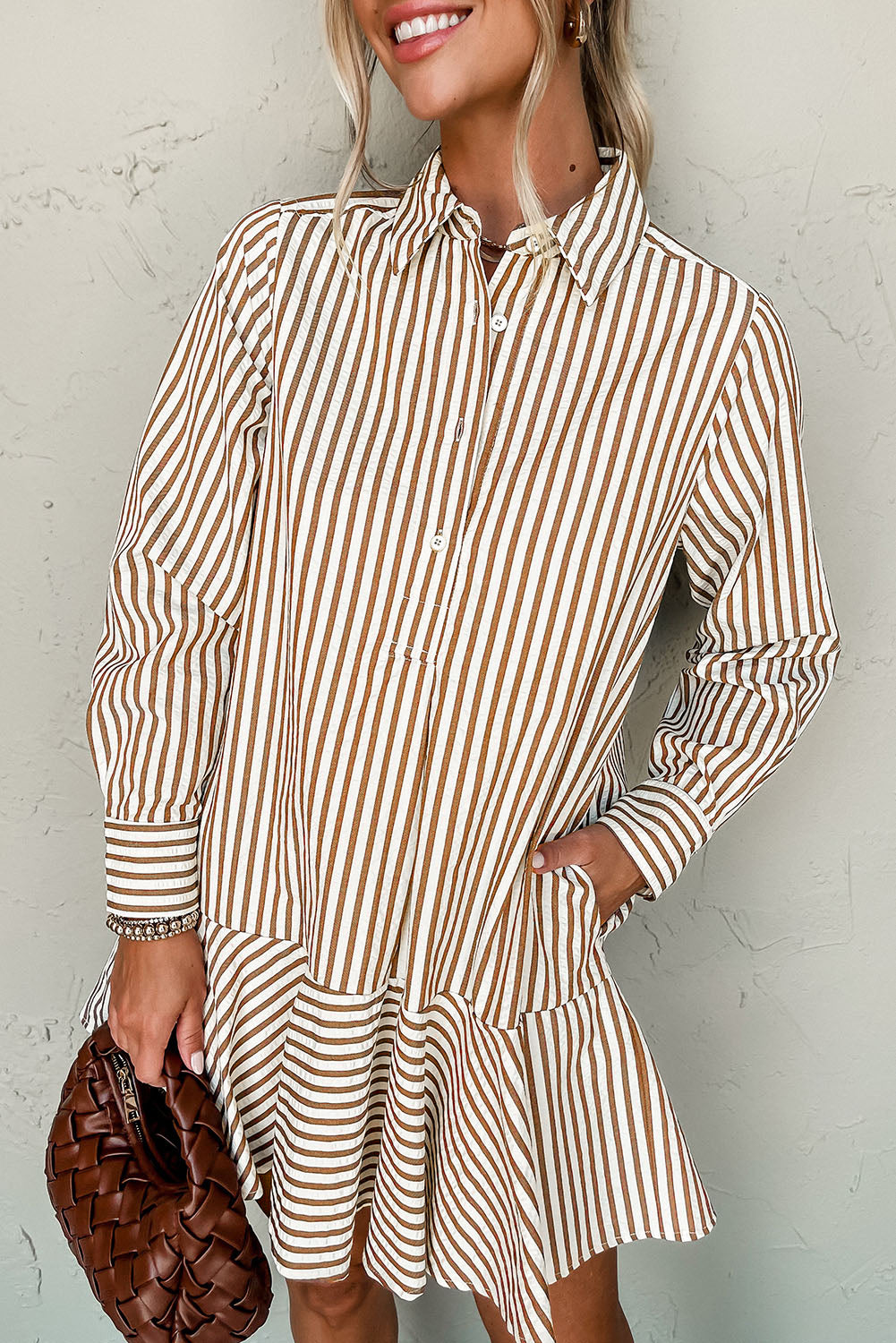 Brown Stripe Ruffled Hem Collared Long Sleeve Shirt Mini Dress