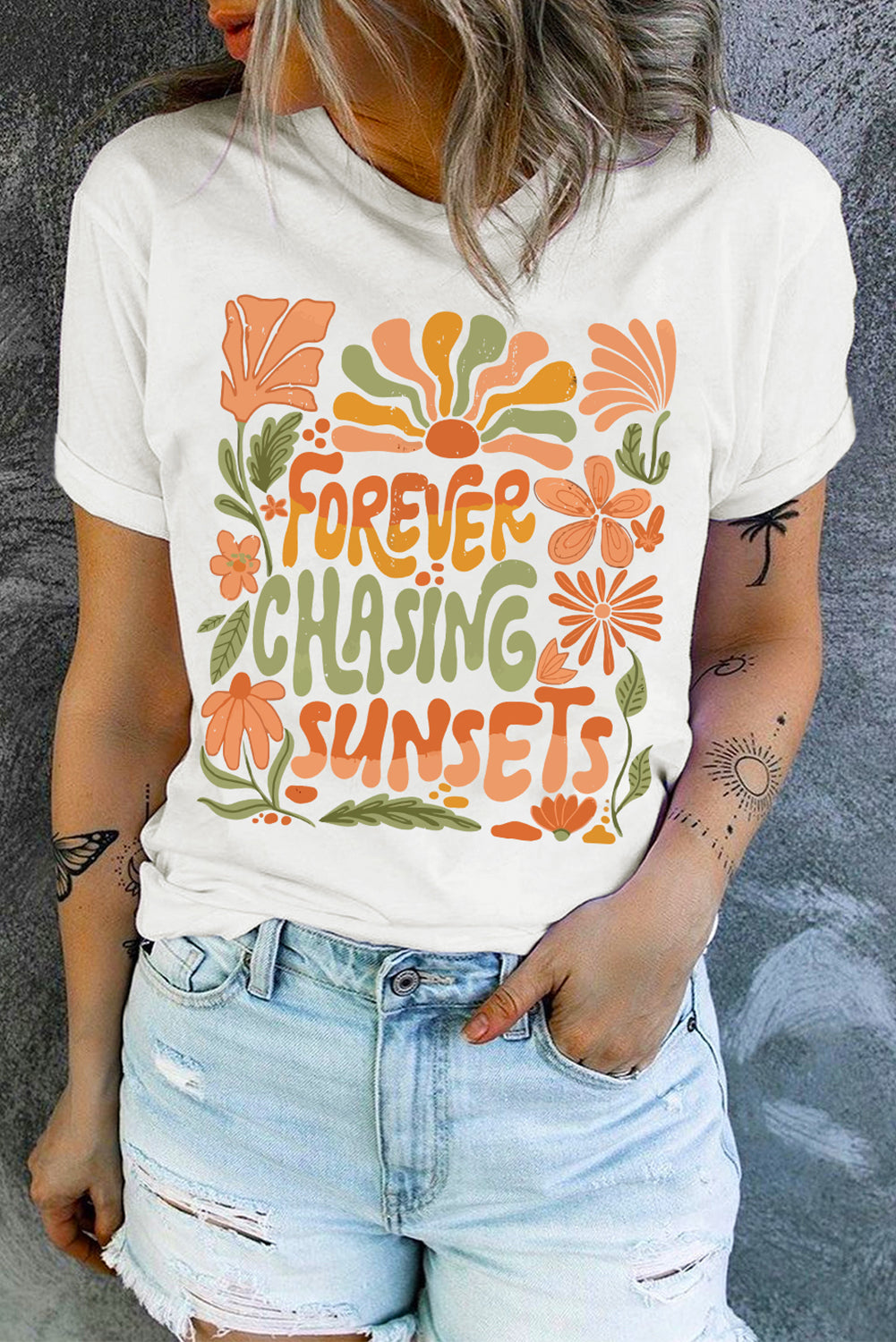 White FOREVER CHASING SUNSETS Floral Print T Shirt