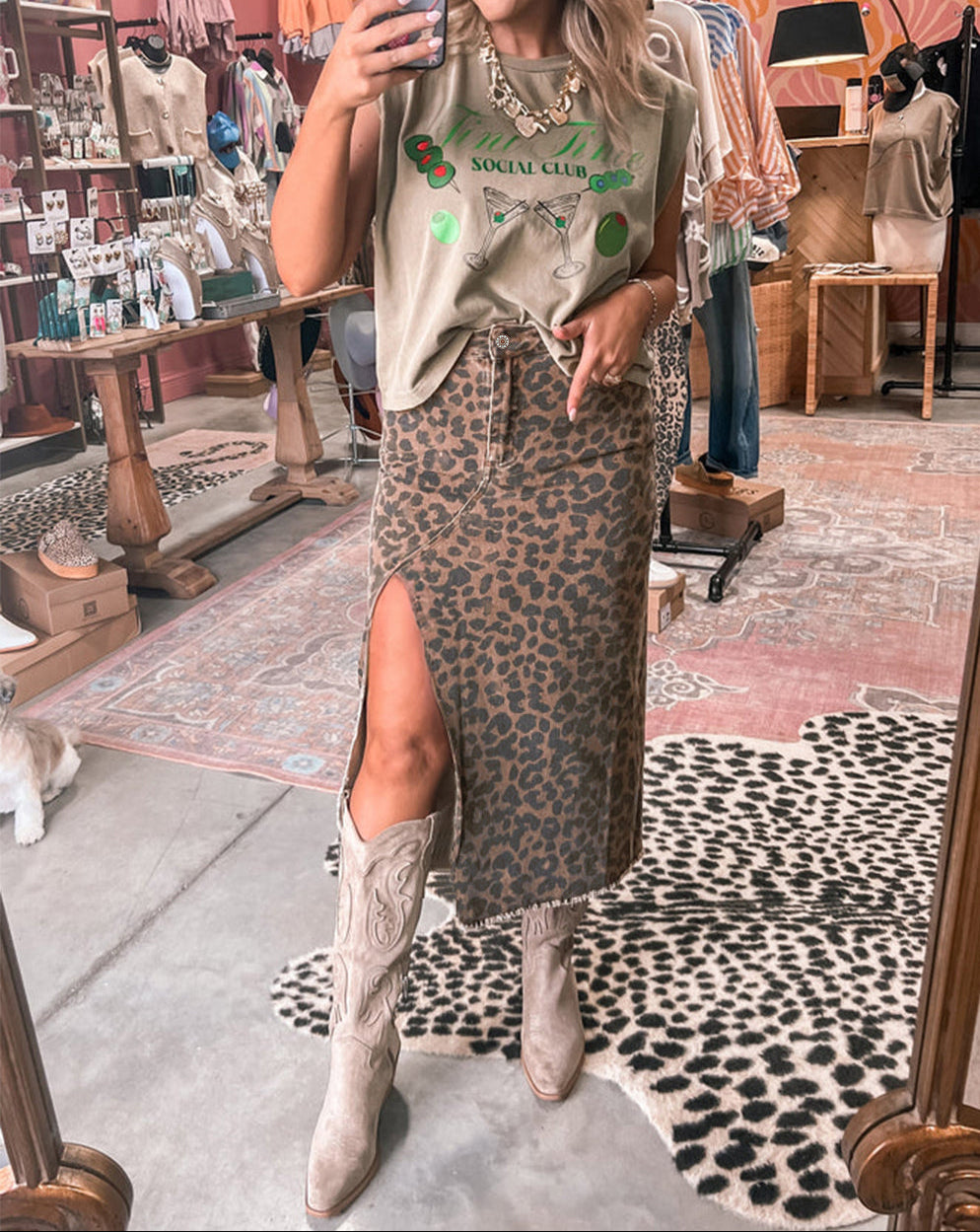 Brown Leopard Denim Frayed Split Denim Midi Skirt