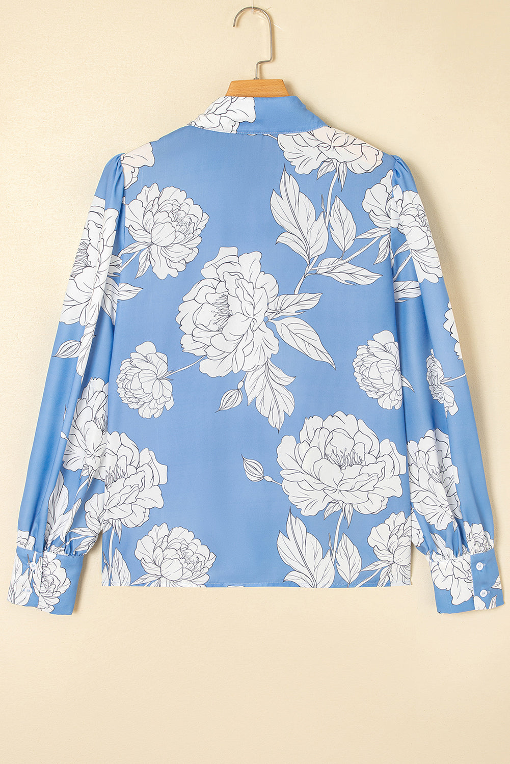 Sky Blue Floral Print Button Up Pleated Detail Puff Sleeve Shirt