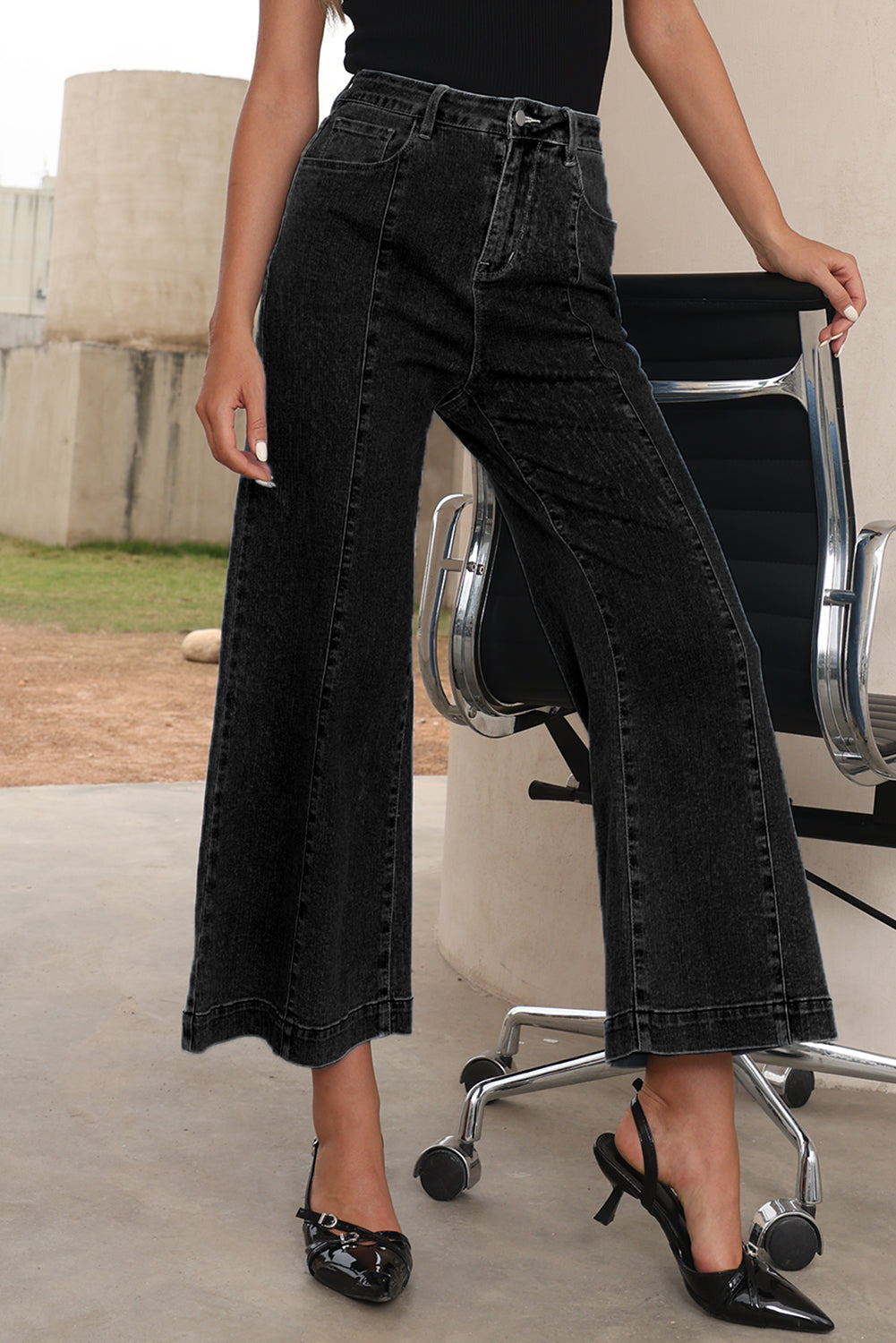 Black Plain Seam Detail Flared Bottom Ankle Length Jeans