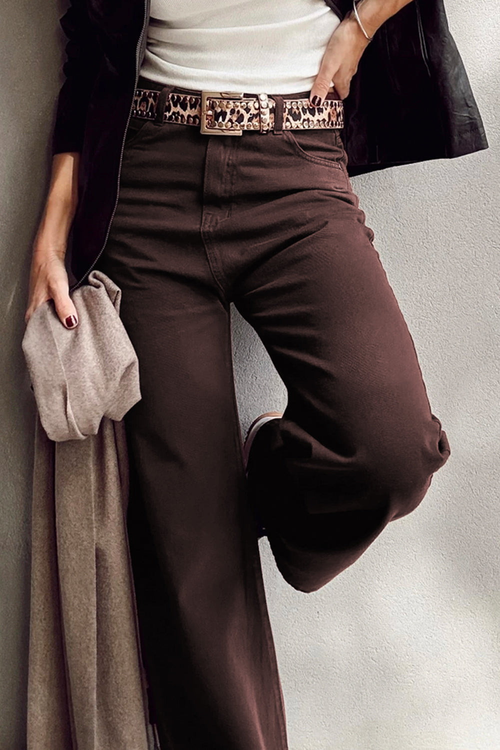 Coffee Loose Straight High Waist Solid Color Jeans