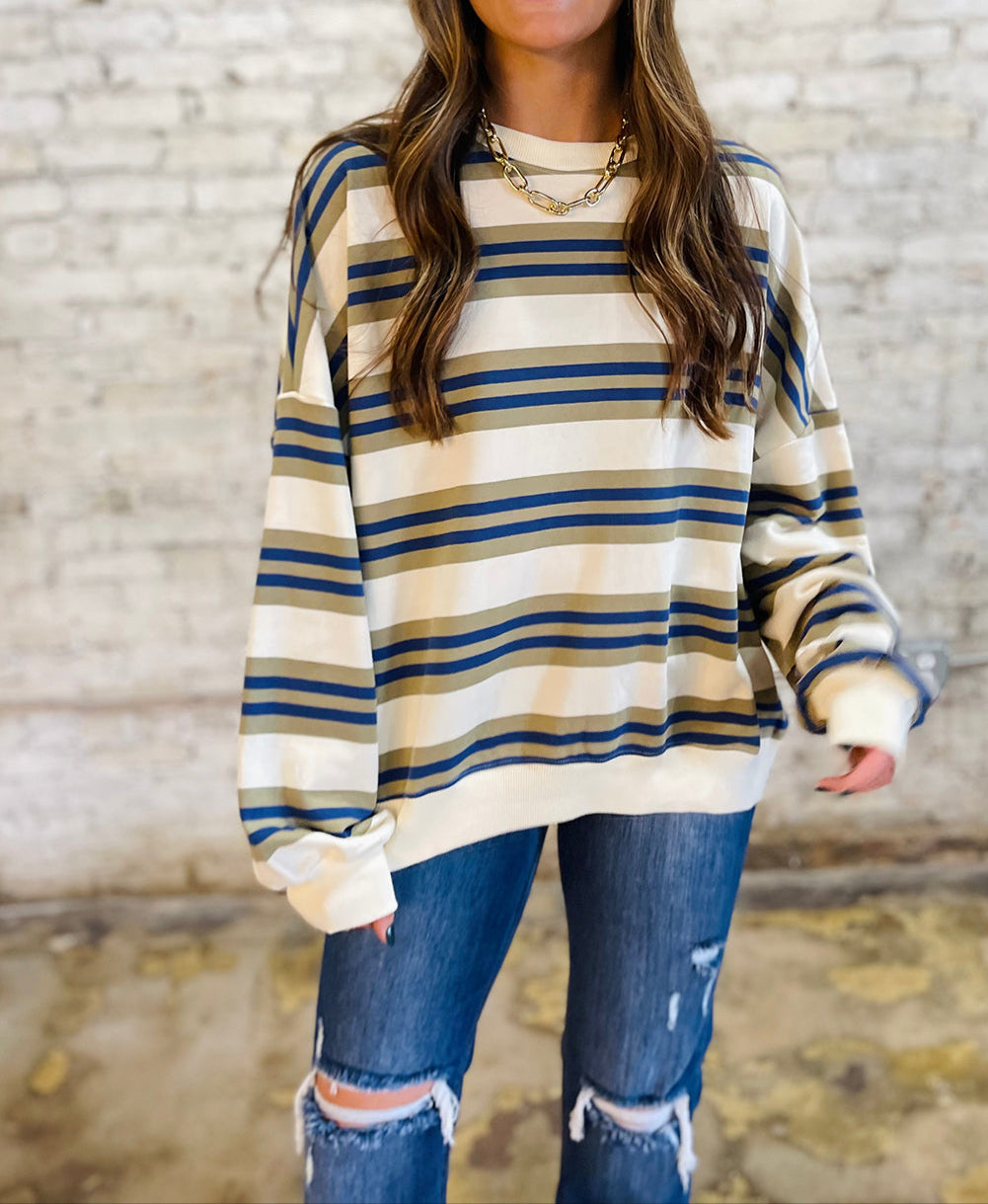 Khaki Stripe Crew Neck Drop Shoulder Pullover Sweatshirt