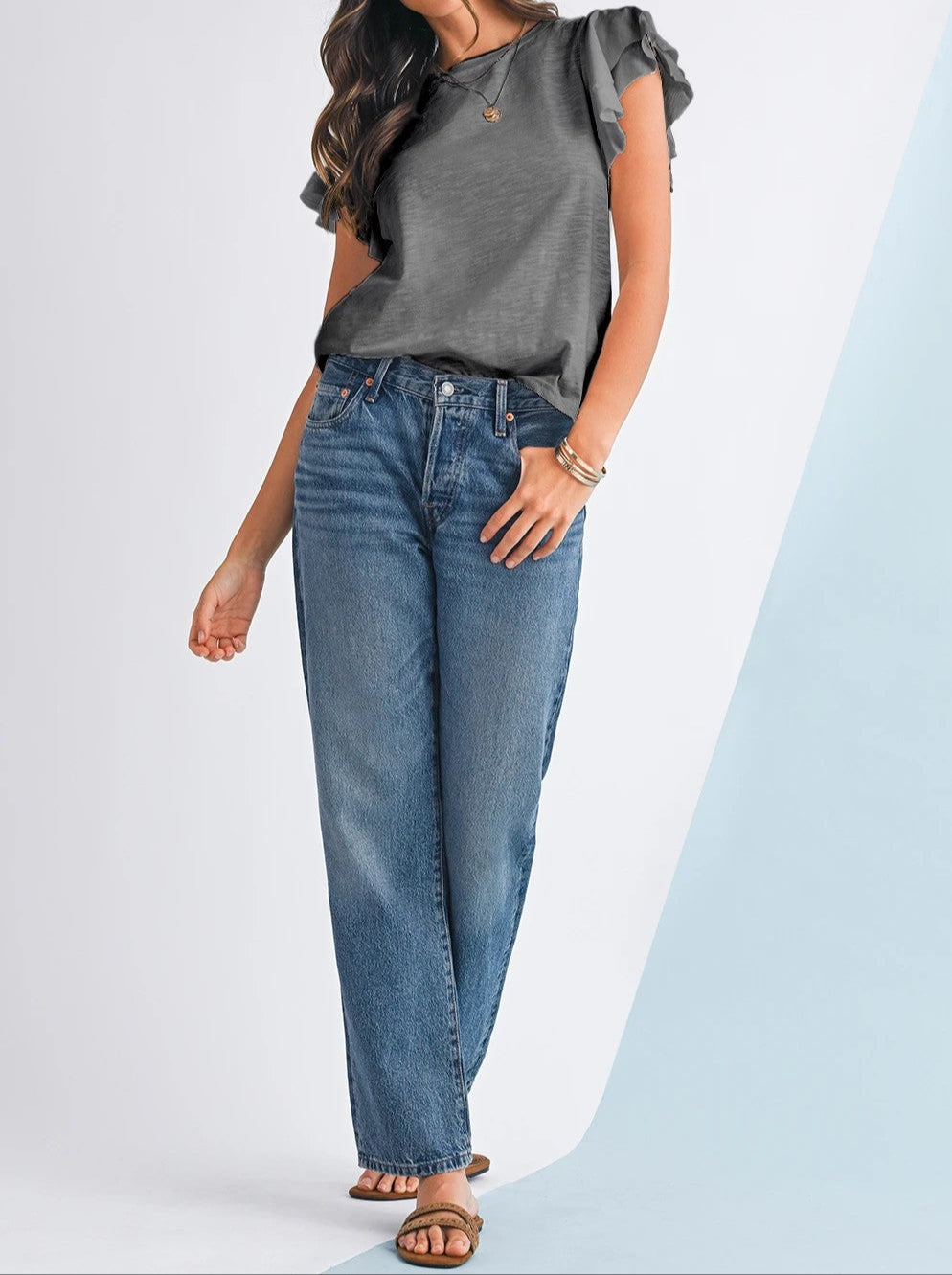 Dark Grey Ruffle Sleeve Plain Blouse