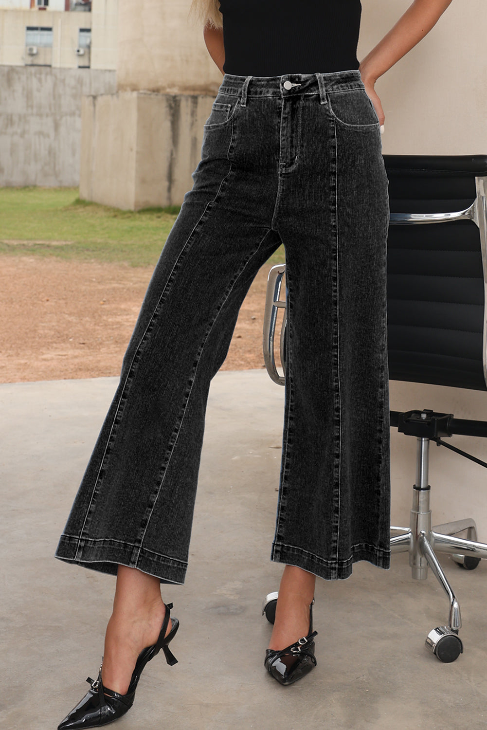 Black Plain Seam Detail Flared Bottom Ankle Length Jeans