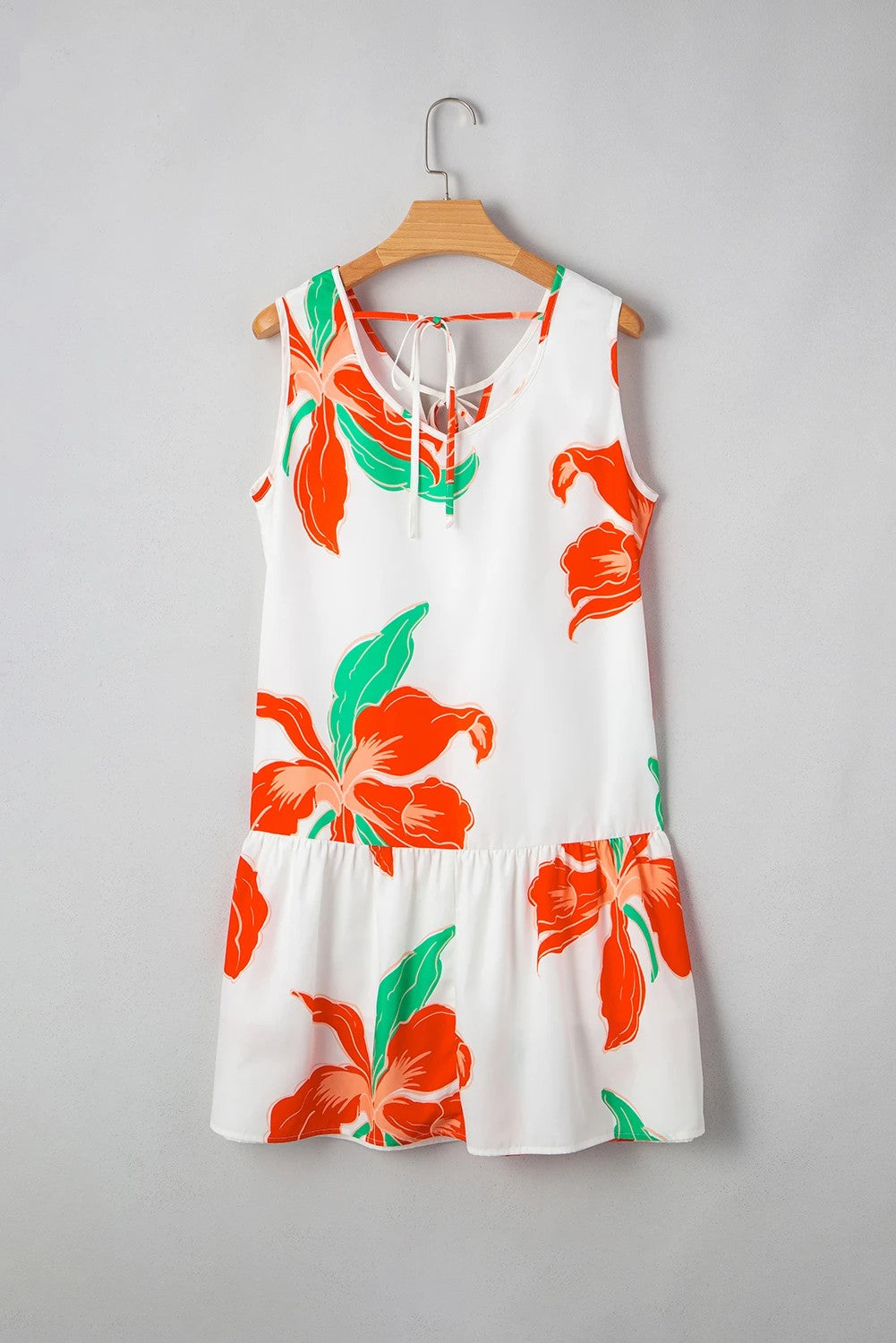 Red Floral Print Tie Front Ruffle Hem Mini Dress